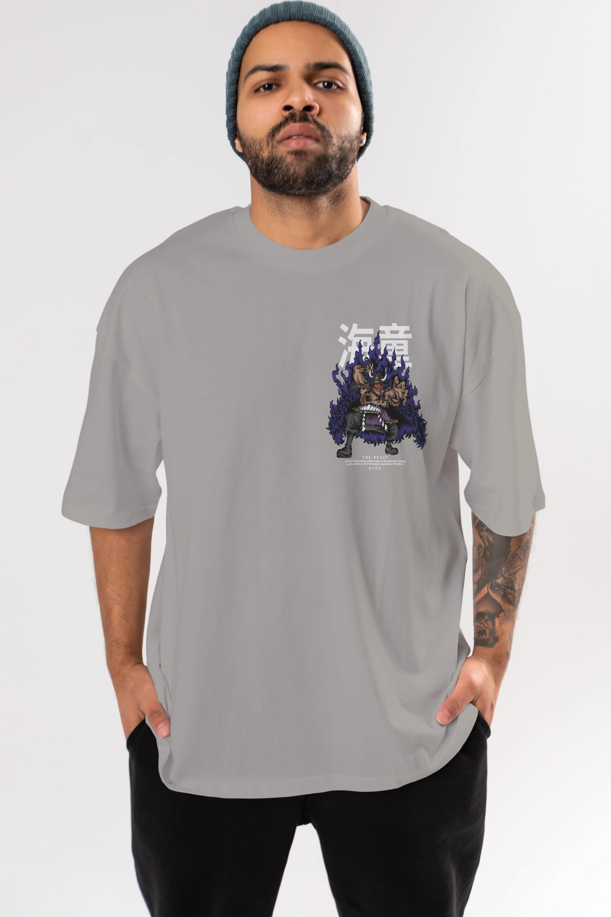 Kaido Ön Sol Baskılı Oversize t-shirt Erkek Kadın Unisex %100 Pamuk Bisiklet Yaka tişort