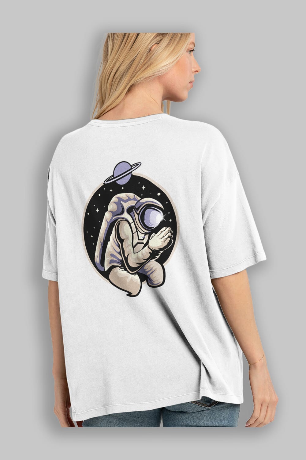 Astronaut Praying Sticker Arka Baskılı Oversize t-shirt Erkek Kadın Unisex
