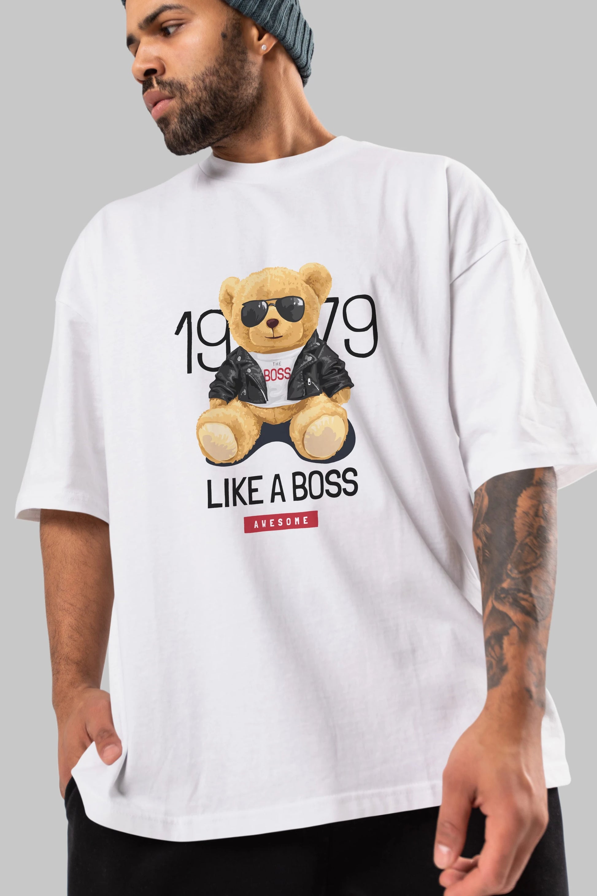 Teddy Bear Like A Boss Ön Baskılı Oversize t-shirt Erkek Kadın Unisex %100 Pamuk