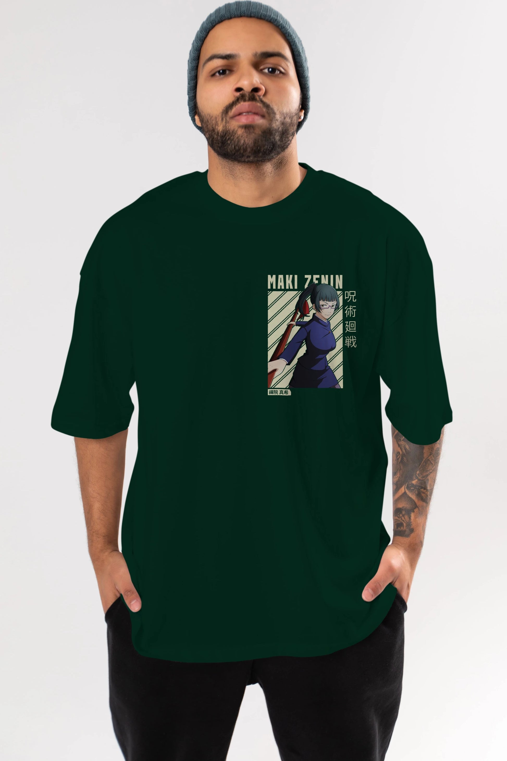 Maki Zenin CHAİNSAWMAN Ön Sol Baskılı Oversize t-shirt Erkek Kadın Unisex %100 Pamuk Bisiklet Yaka tişort
