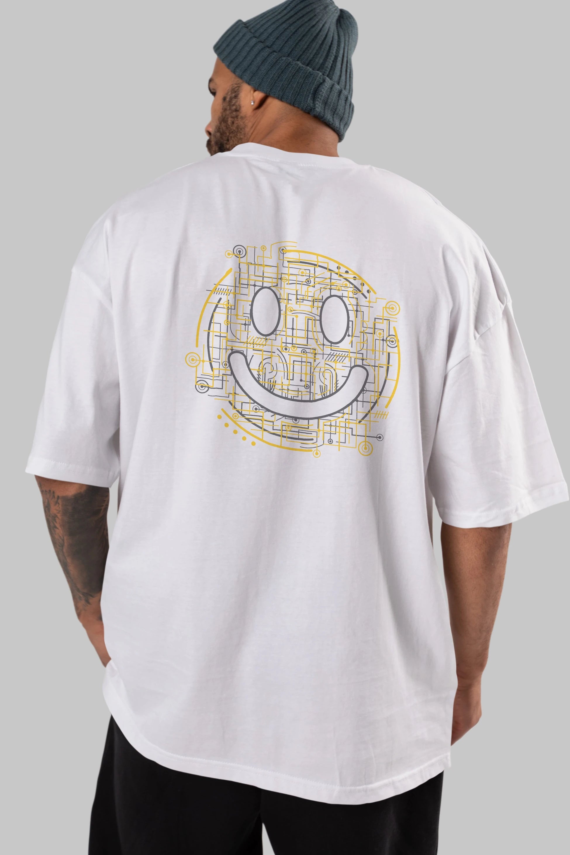 Electric Smiley Arka Baskılı Oversize t-shirt %100 pamuk Erkek Kadın Unisex