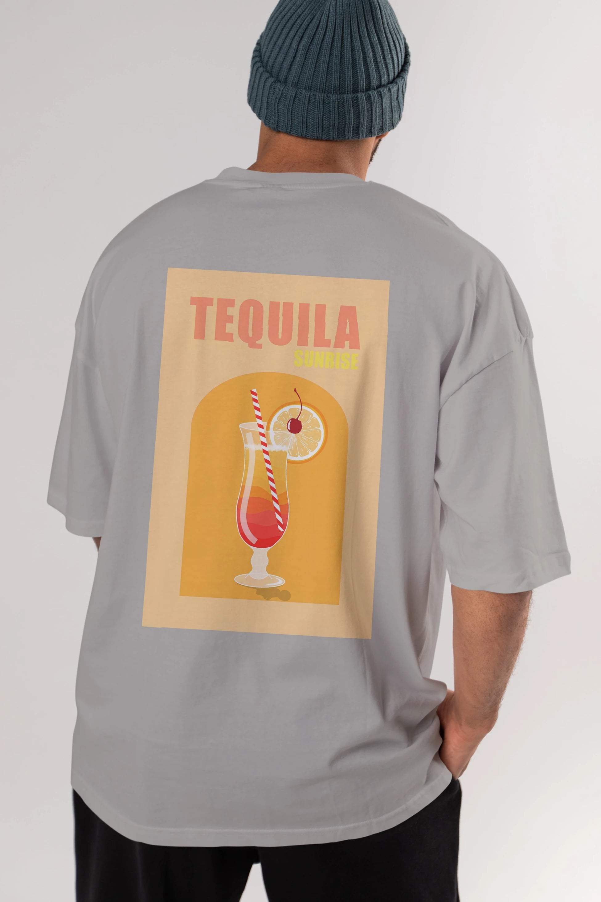 Tequila Sunrise Arka Baskılı Oversize t-shirt Erkek Kadın Unisex %100 Pamuk Bisiklet Yaka tişort
