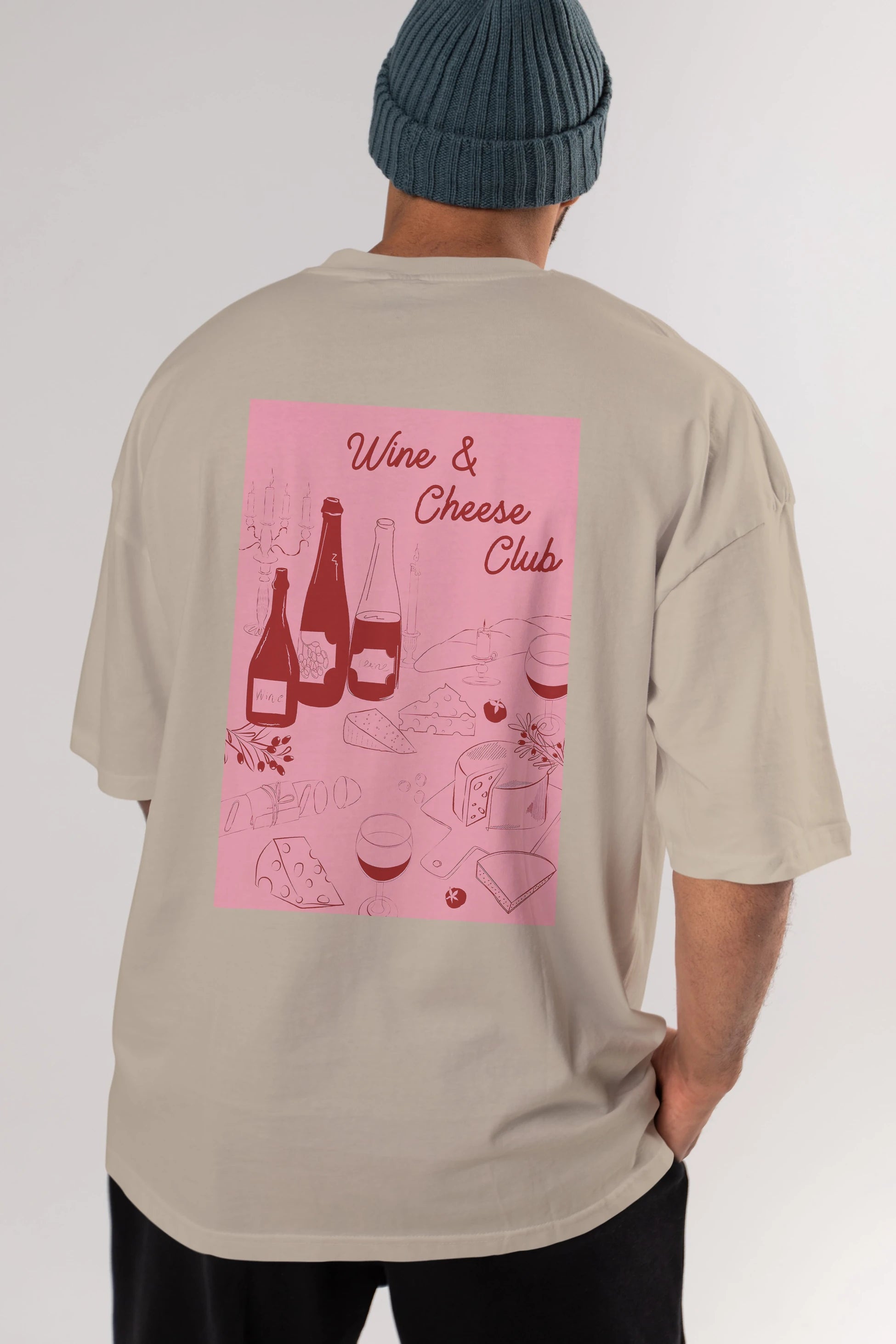 Wine Cheese Club Arka Baskılı Oversize t-shirt Erkek Kadın Unisex %100 Pamuk Bisiklet Yaka tişort