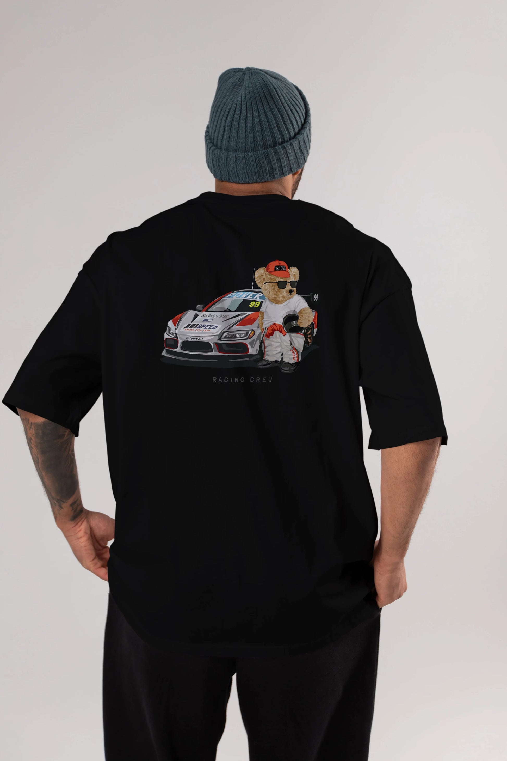 Teddy Bear Racing Crew Arka Baskılı Oversize t-shirt Erkek Kadın Unisex %100 Pamuk