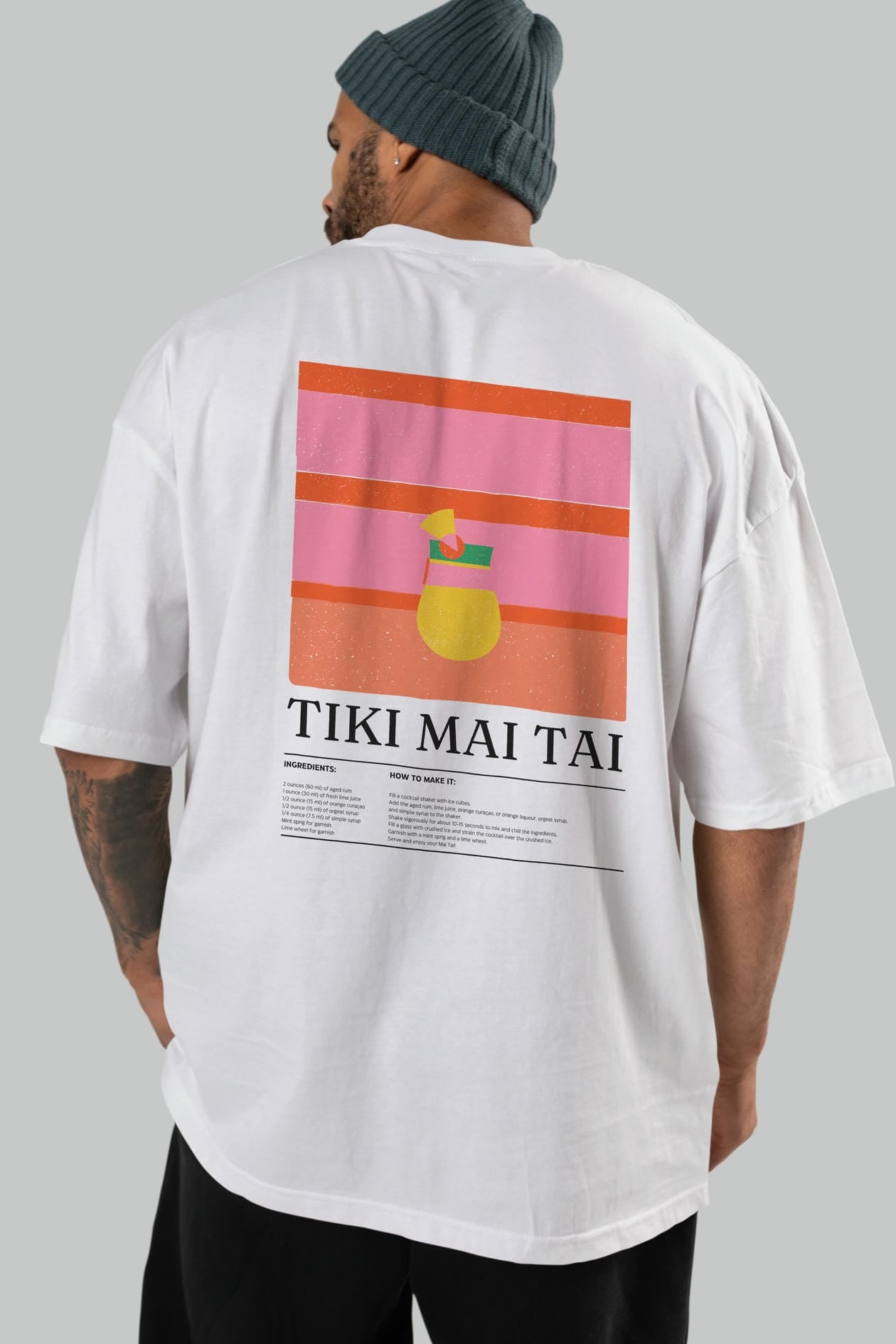 Tiki Mai Tai Kokteyl Serisi Arka Baskılı Oversize t-shirt Erkek Kadın %100 Pamuk Bisiklet Yaka tişort