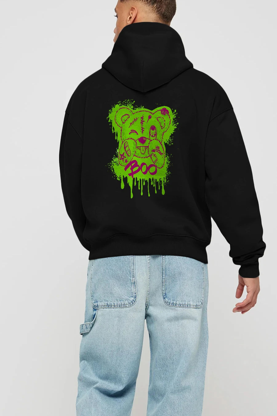 Boo  Bear Arka Baskılı Hoodie Oversize Kapüşonlu Sweatshirt Erkek Kadın Unisex