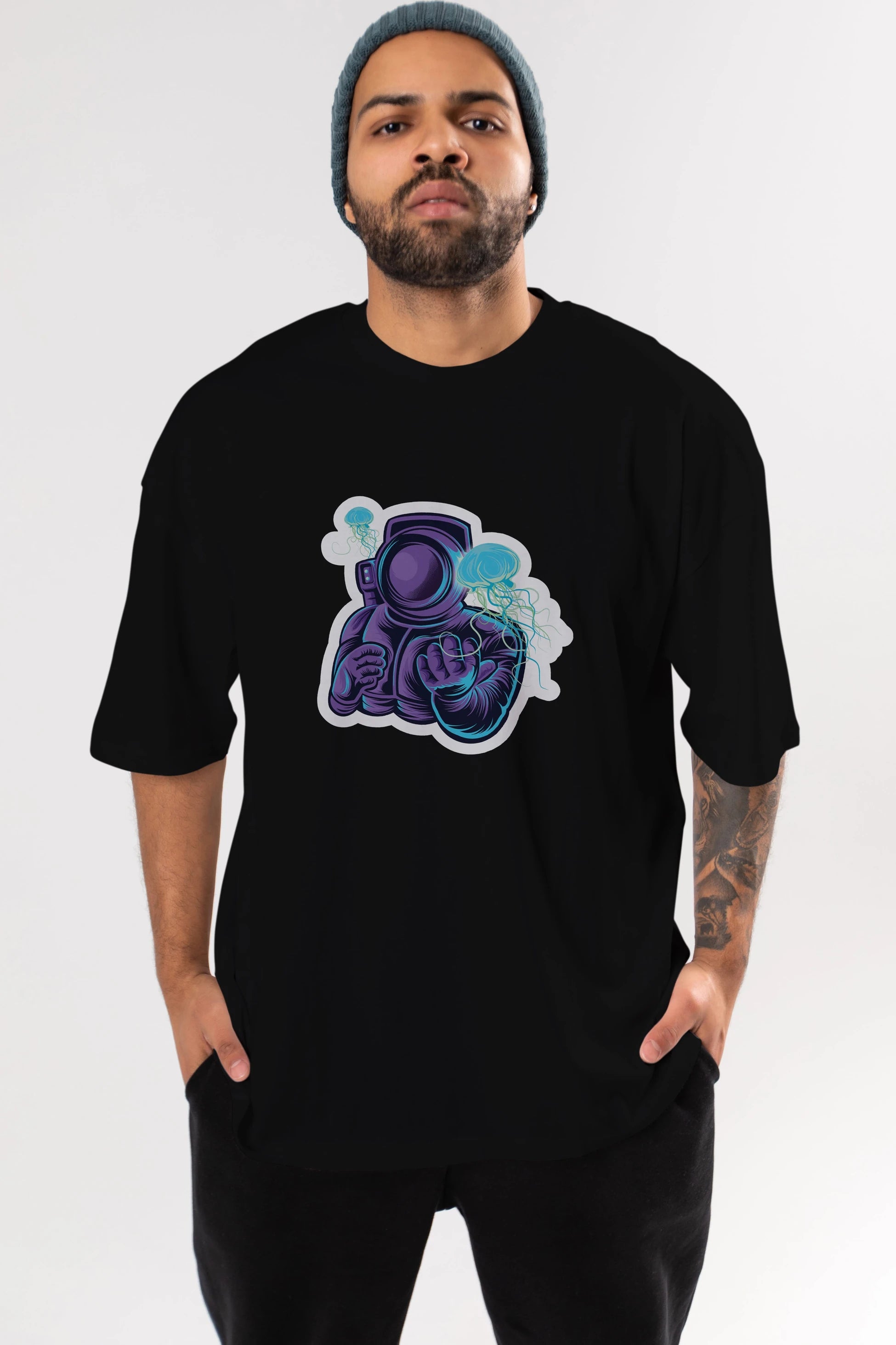 Astronaut and Jellyfish Sticker Ön Baskılı Oversize t-shirt Erkek Kadın Unisex