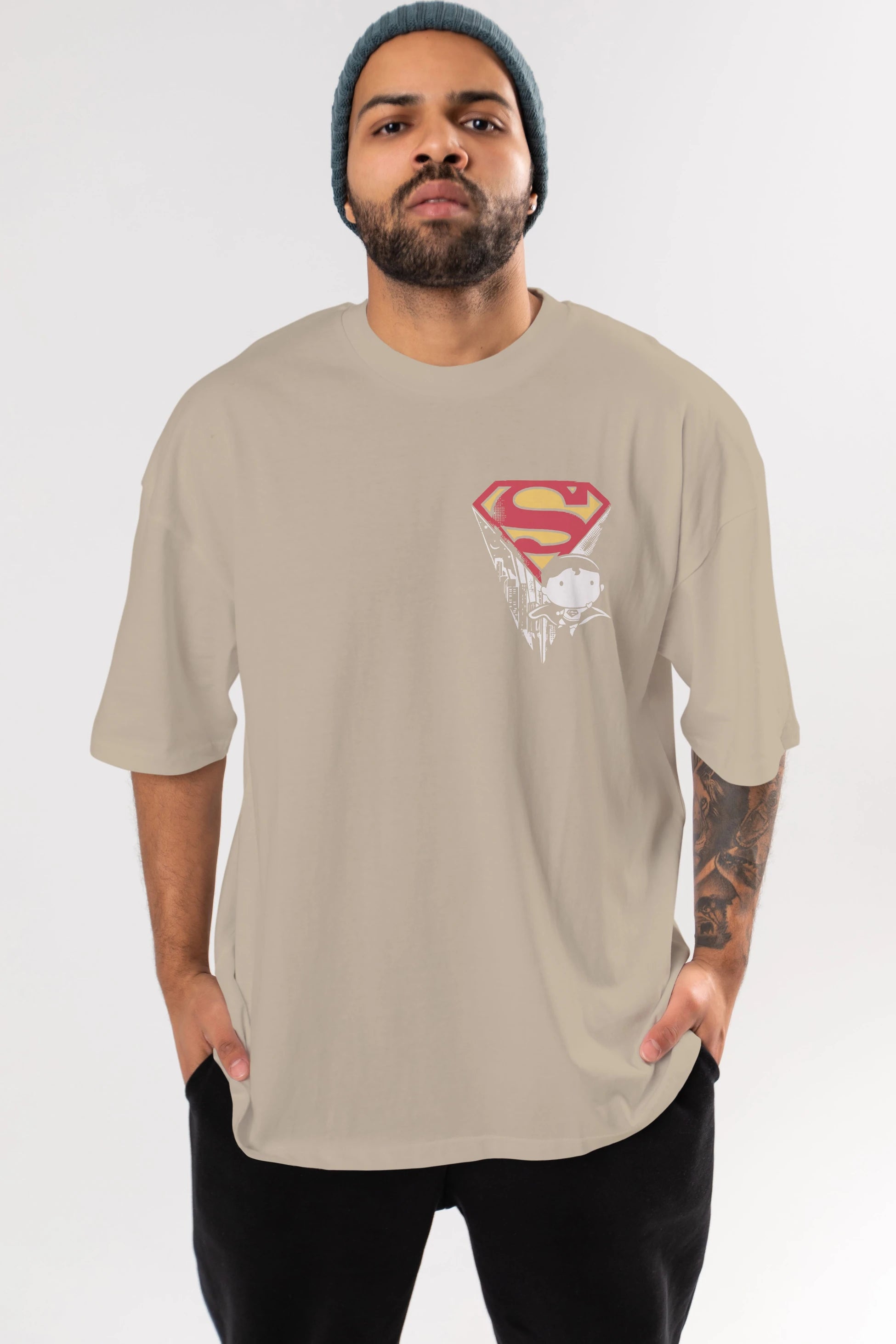 Superman Ön Sol Baskılı Oversize t-shirt Erkek Kadın Unisex %100 Pamuk Bisiklet Yaka tişort
