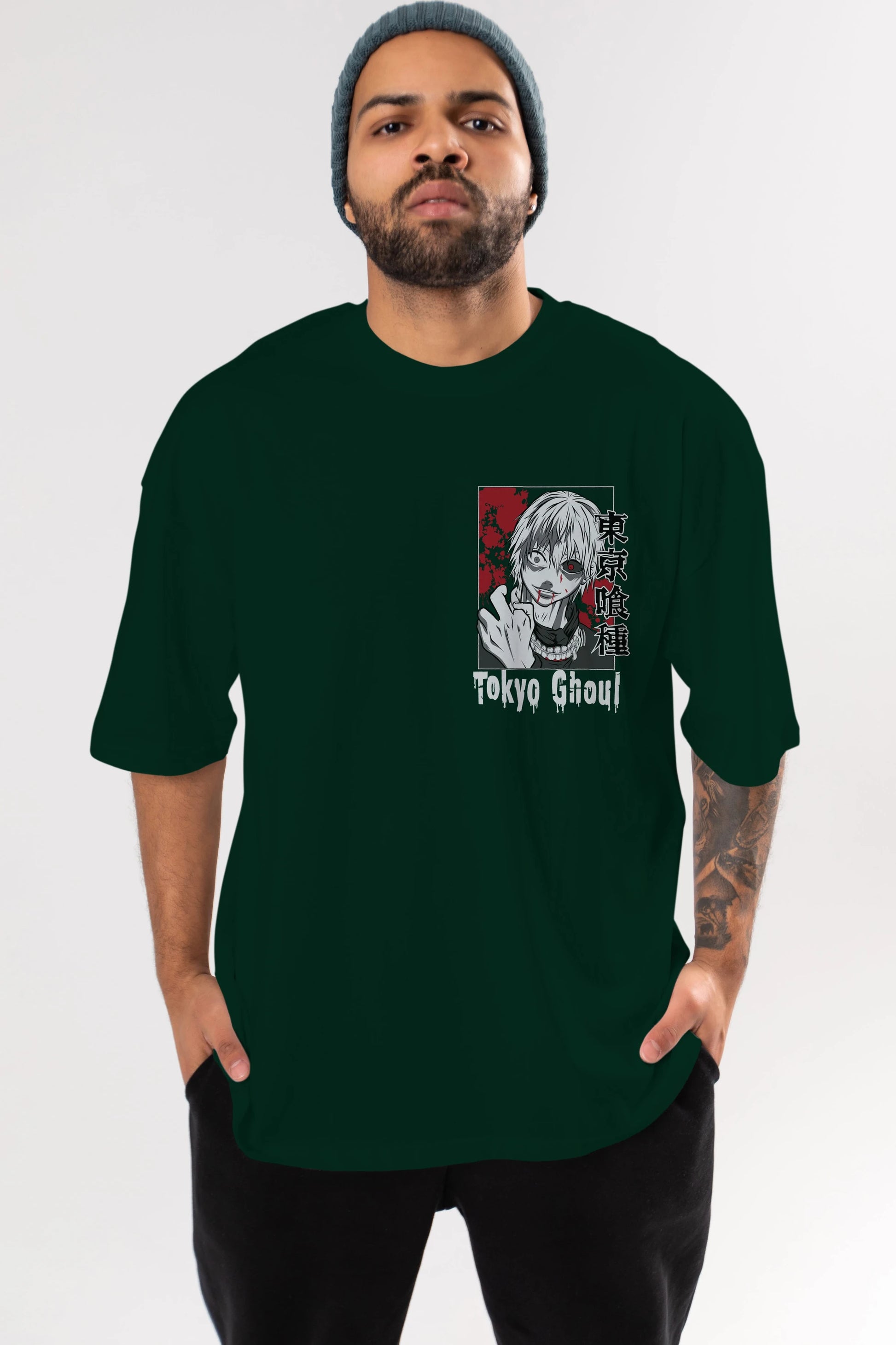 Kaneki Ken TOKYO GHOUL Ön Sol Baskılı Oversize t-shirt Erkek Kadın Unisex %100 Pamuk Bisiklet Yaka tişort