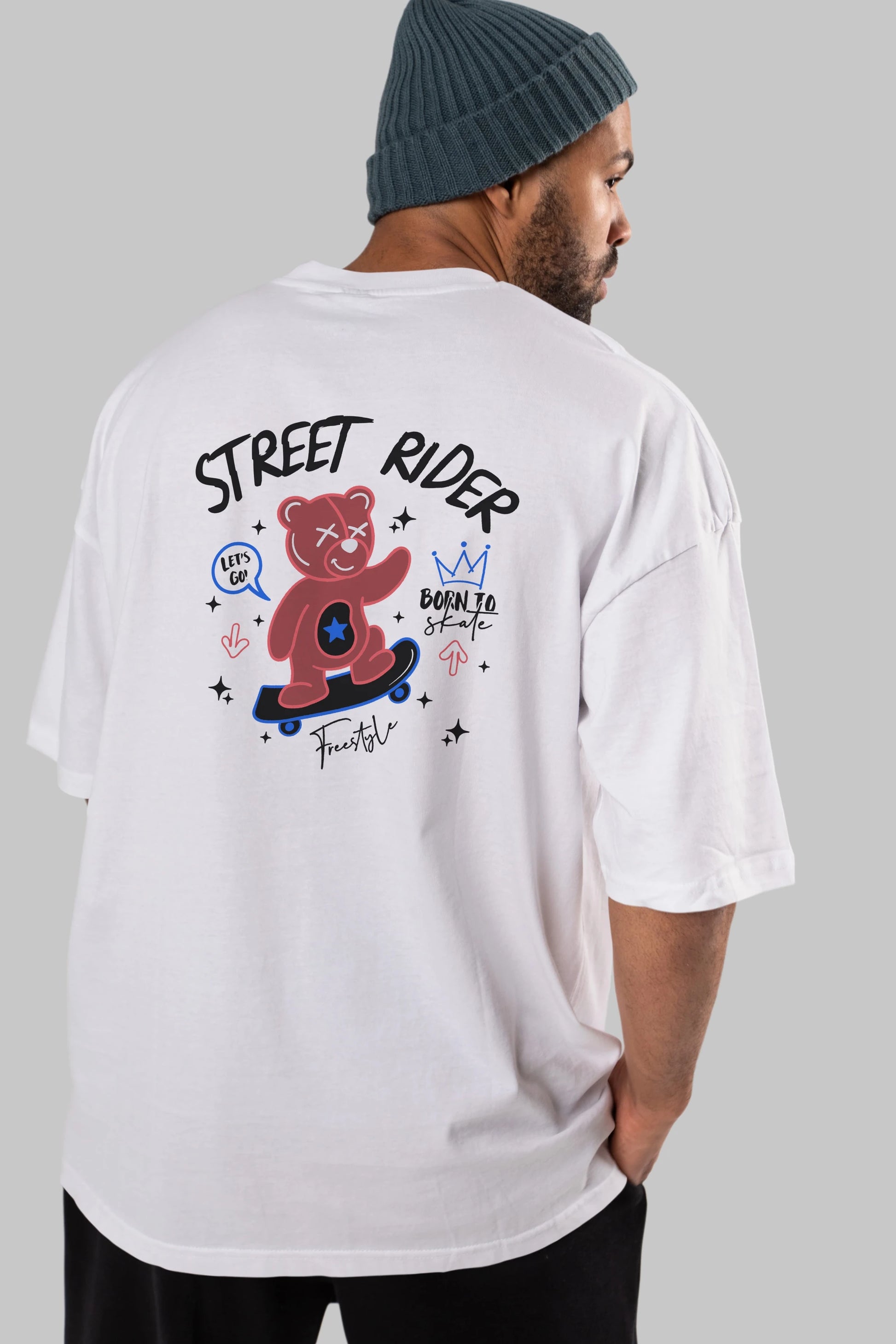 Street Rider Bear Arka Baskılı Oversize t-shirt Erkek Kadın Unisex