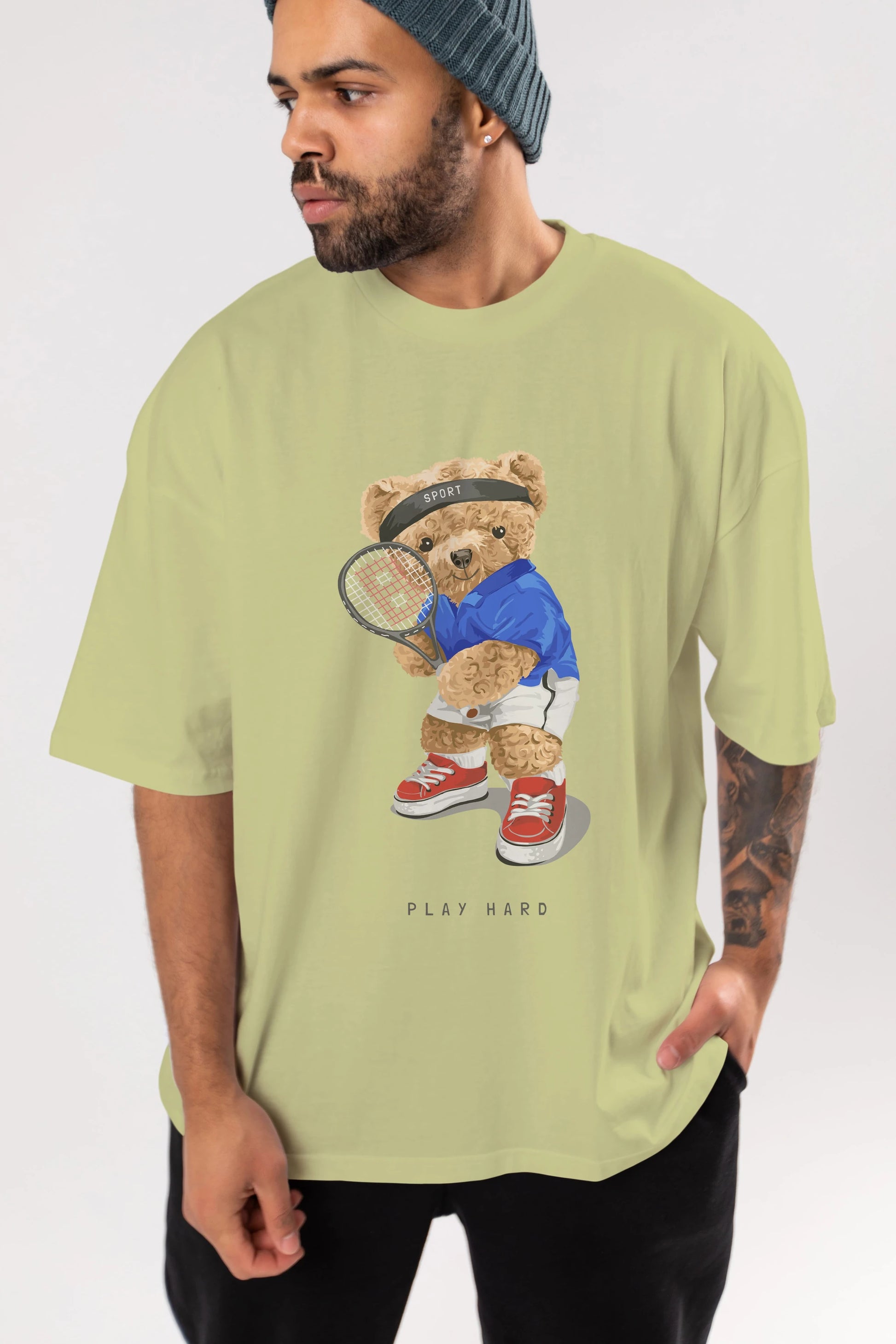 Teddy Bear Play Hard Ön Baskılı Oversize t-shirt Erkek Kadın Unisex %100 Pamuk
