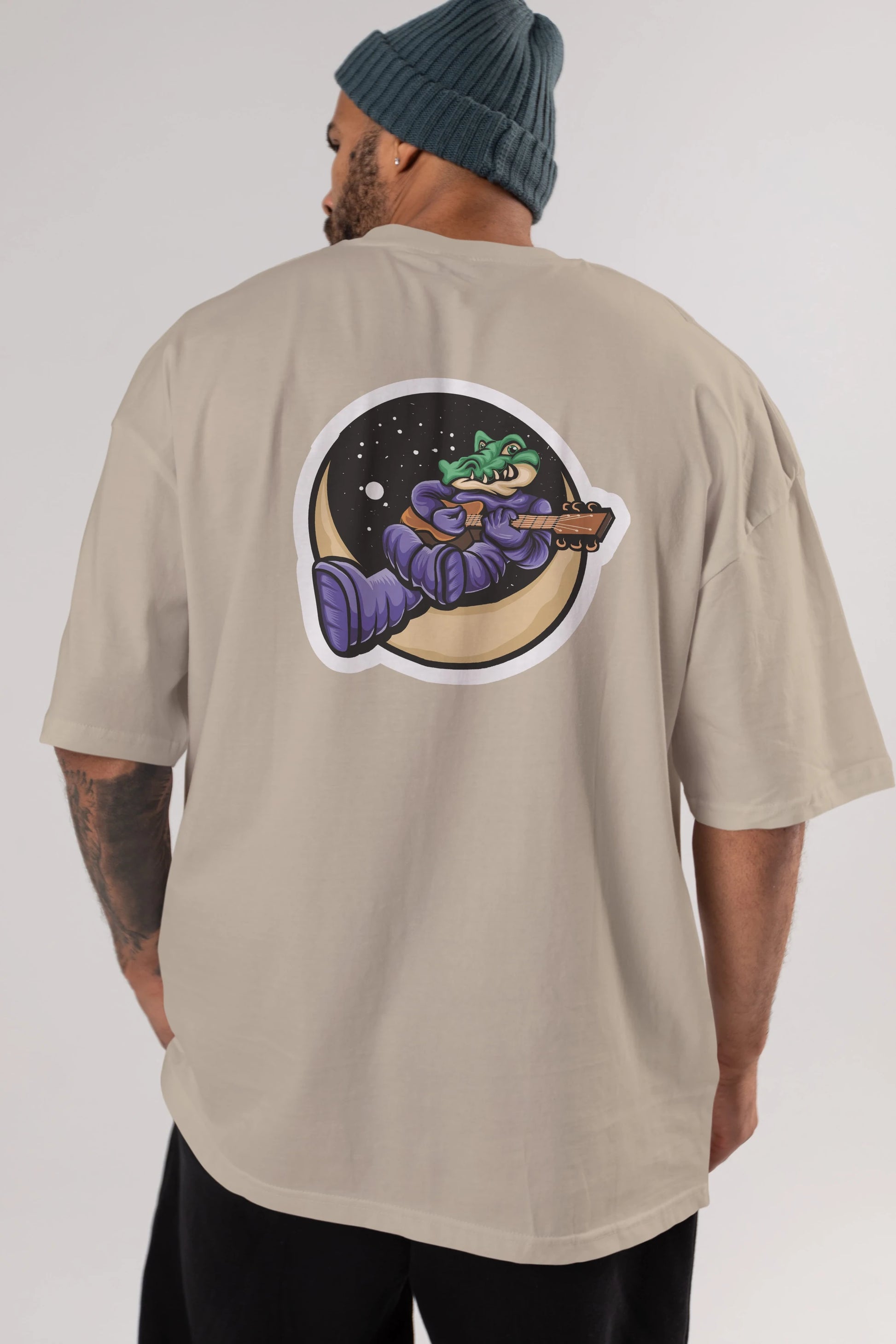 Space Crocodile Sticker Arka Baskılı Oversize t-shirt Erkek Kadın Unisex