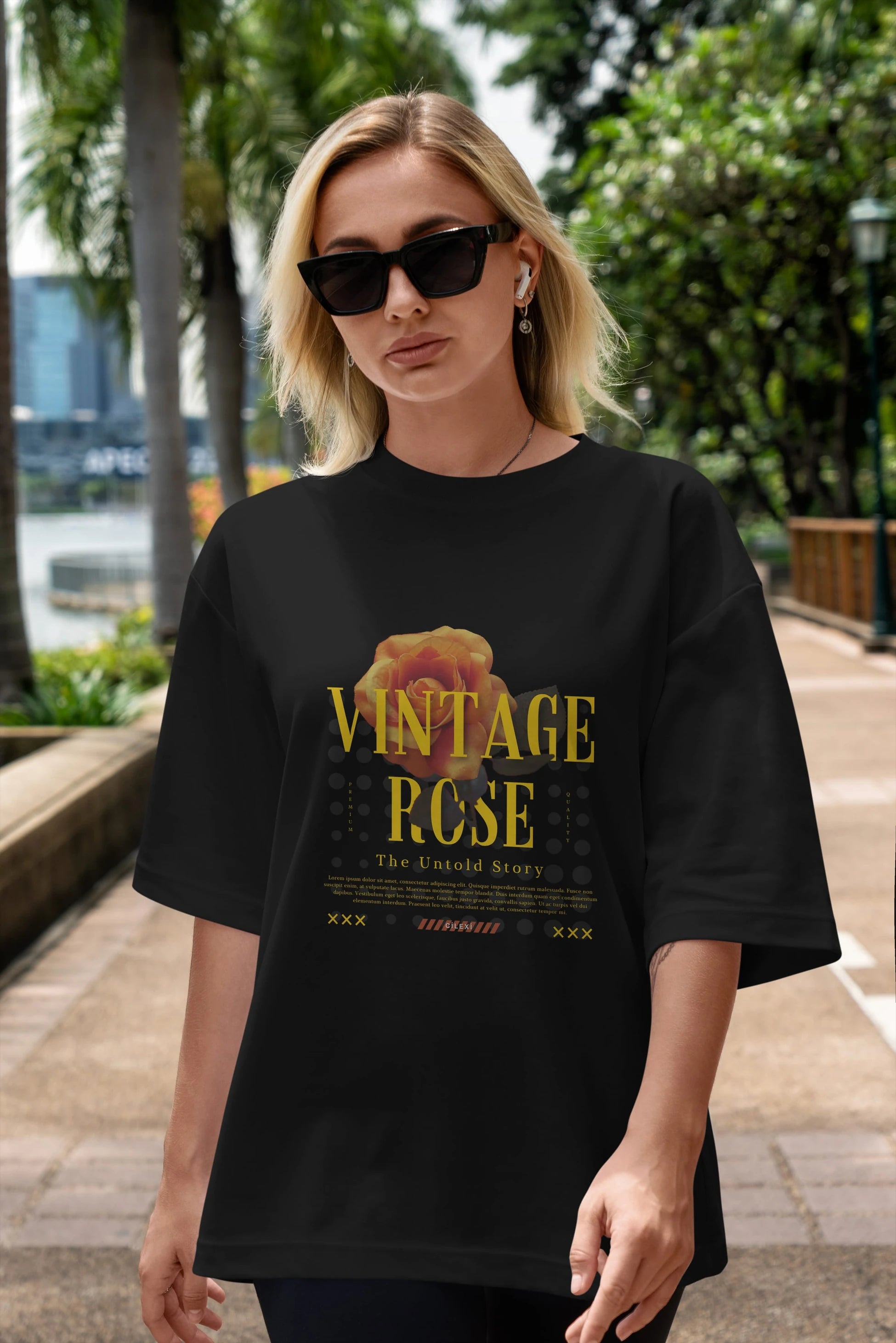Vintage Rose Yazılı Ön Baskılı Oversize t-shirt Erkek Kadın Unisex