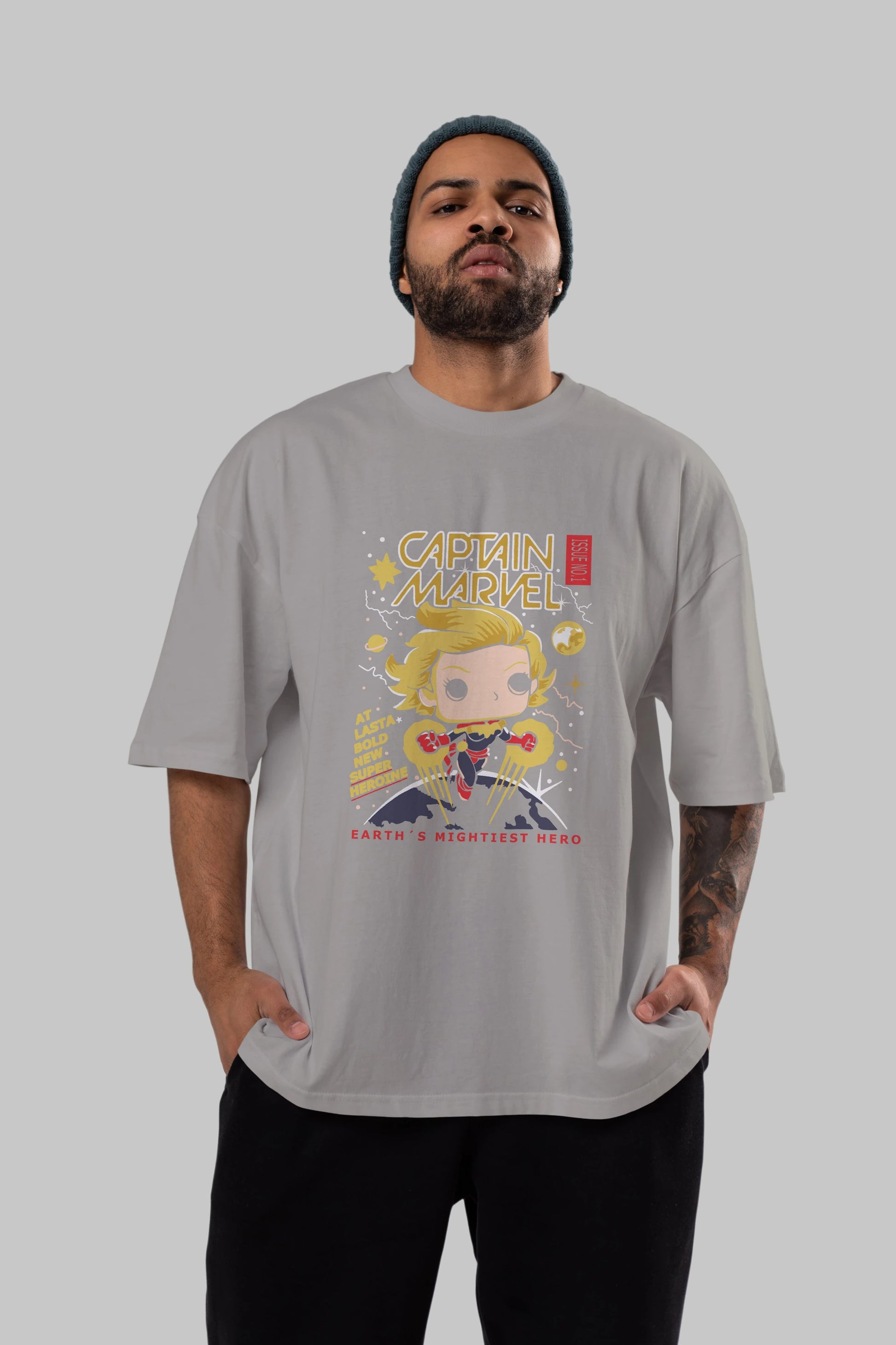 Captain Marvel Ön Baskılı Oversize t-shirt Erkek Kadın Unisex %100 Pamuk Bisiklet Yaka tişort
