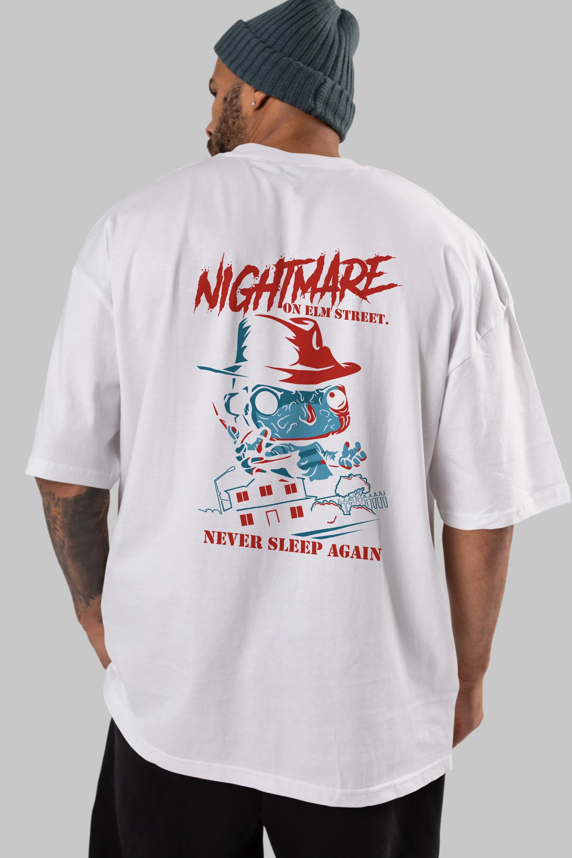 Nightmare Elm Sokağı Arka Baskılı Oversize t-shirt Erkek Kadın Unisex %100 Pamuk Bisiklet Yaka tişort