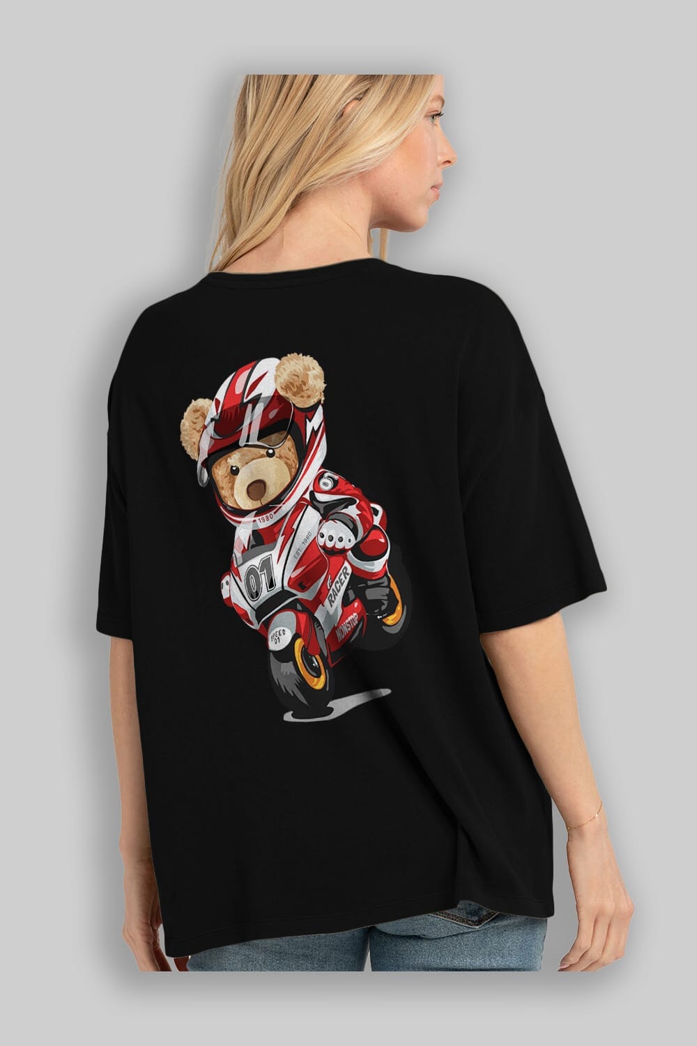 Teddy Bear Racer Arka Baskılı Oversize t-shirt Erkek Kadın Unisex %100 Pamuk
