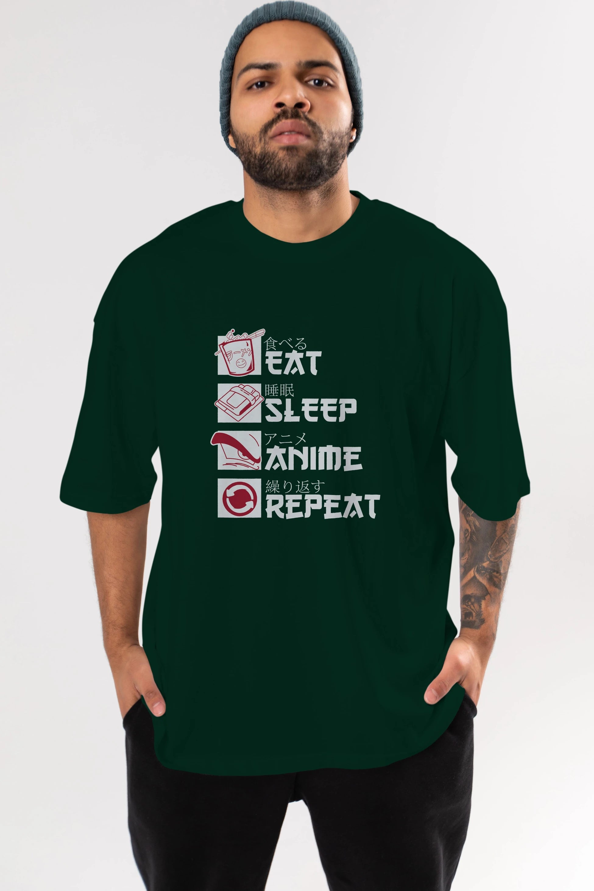 Eat, Sleep, Anime, Repeat Anime Ön Baskılı Oversize t-shirt %100 pamuk Erkek Kadın Unisex