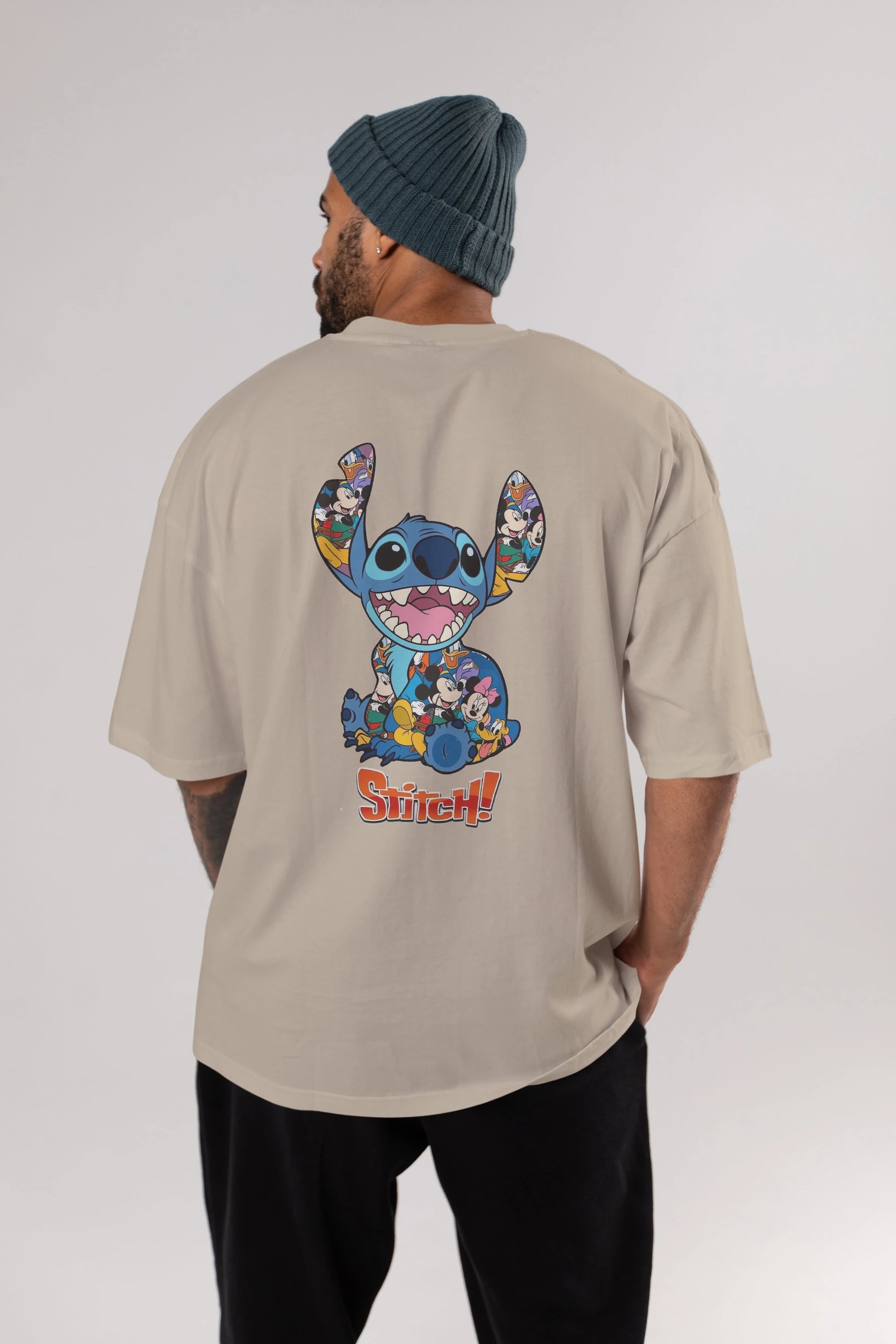 Stitch Arka Baskılı Oversize t-shirt Erkek Kadın Unisex %100 Pamuk Bisiklet Yaka tişort