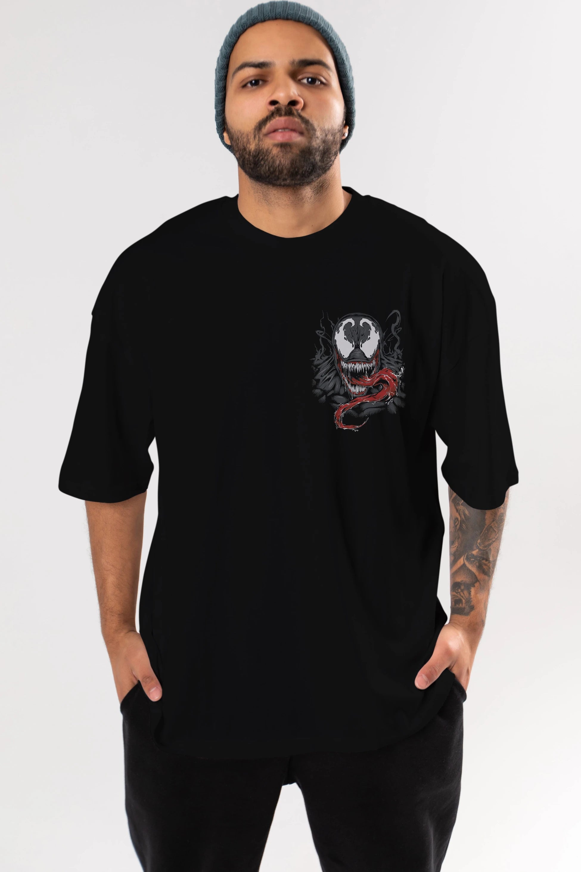 Venom (18) Ön Sol Baskılı Oversize t-shirt Erkek Kadın Unisex %100 Pamuk Bisiklet Yaka tişort