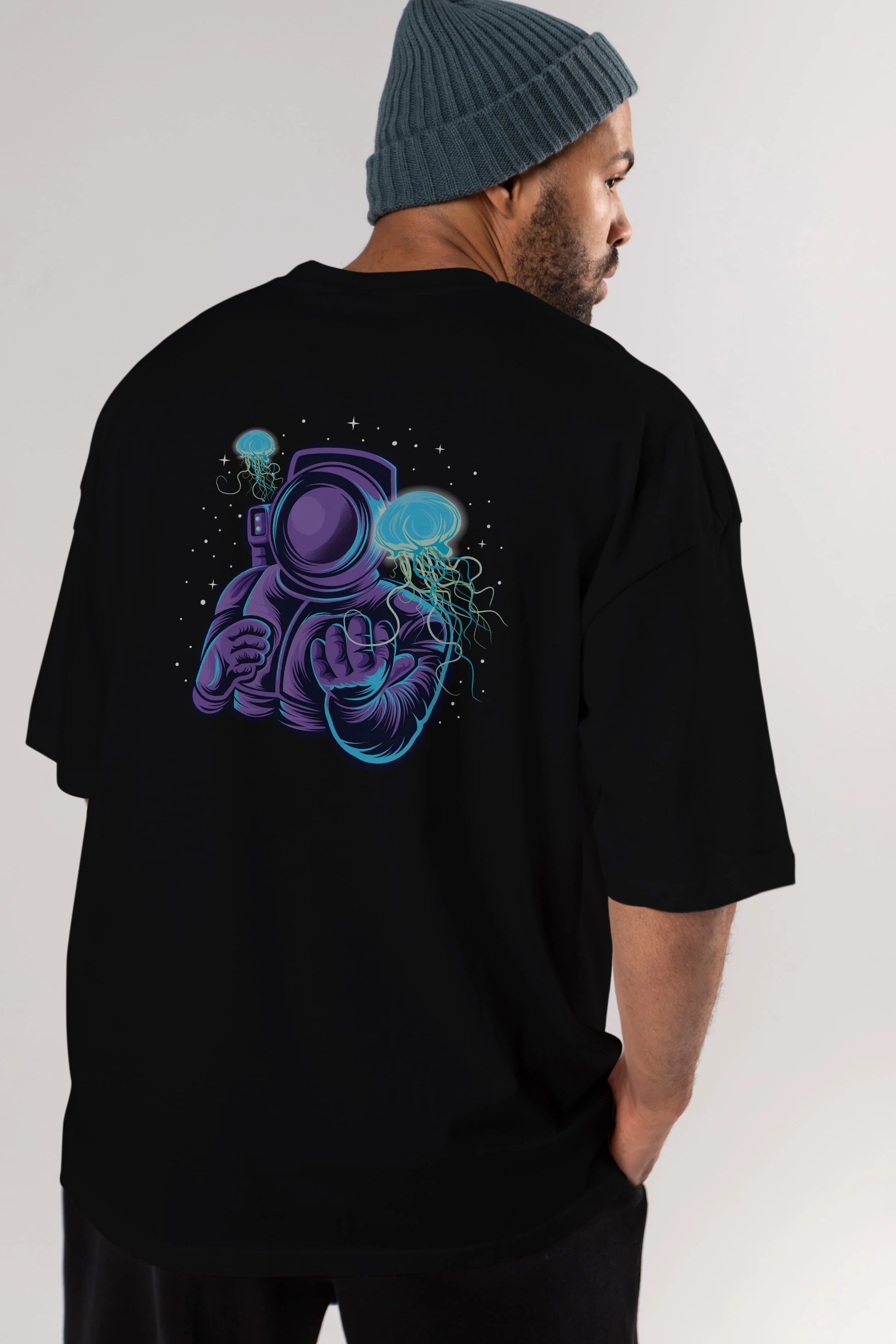 Astronaut and Jellyfish Arka Baskılı Oversize t-shirt Erkek Kadın Unisex