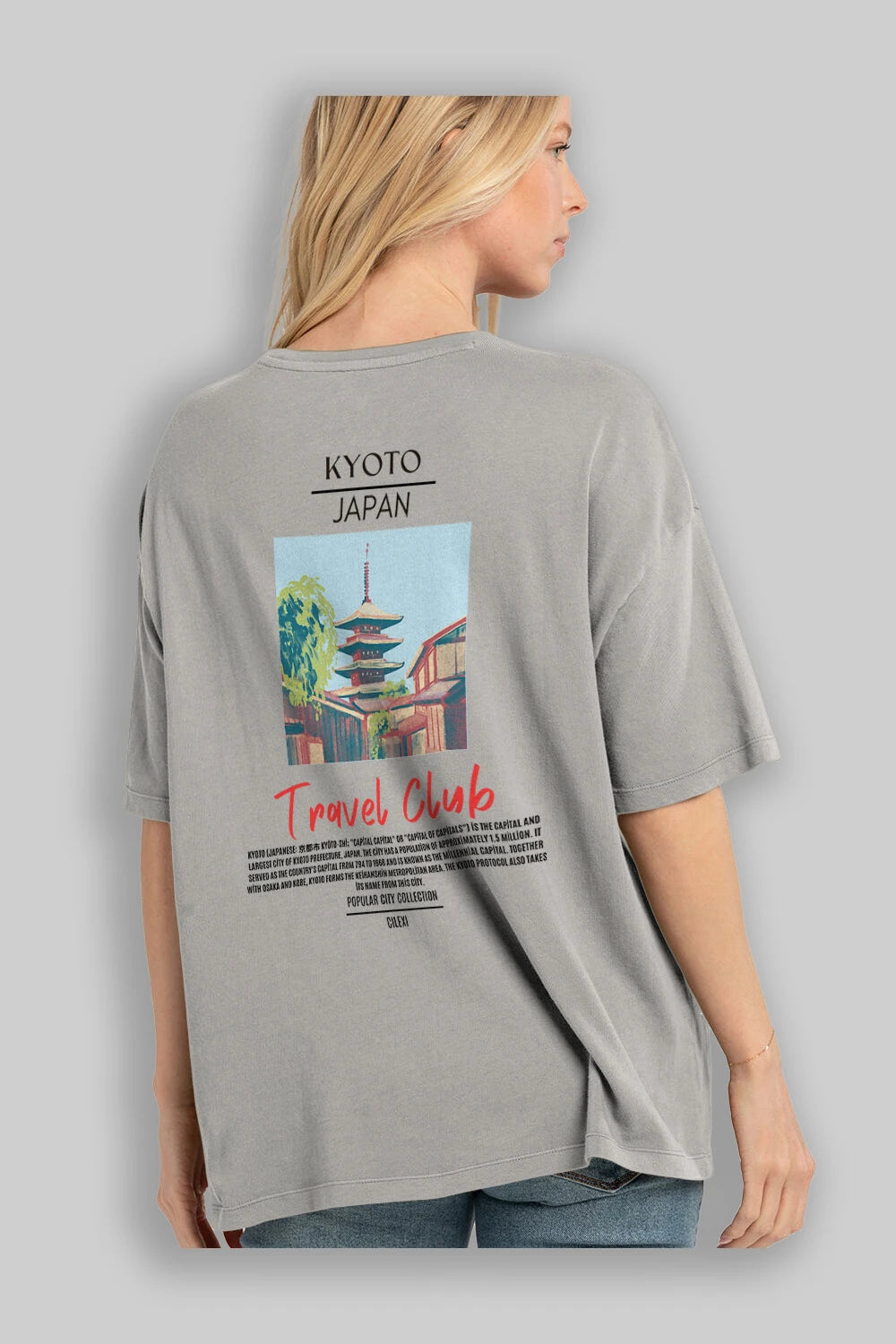 Kyoto Japan Arka Baskılı Oversize t-shirt Erkek Kadın Pamuk Bisiklet Yaka tişort