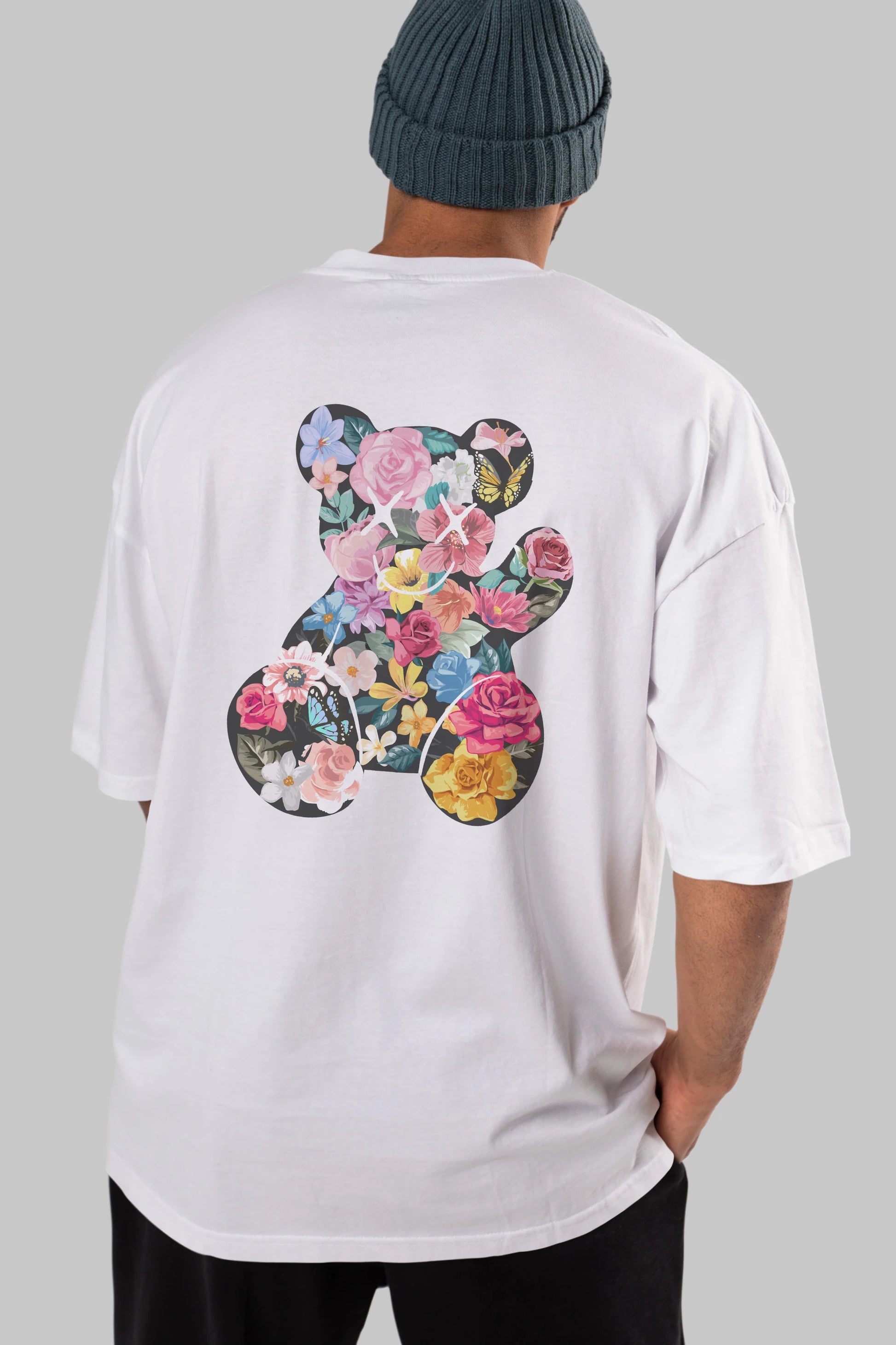Flowers Bear Arka Baskılı Oversize t-shirt Erkek Kadın Unisex