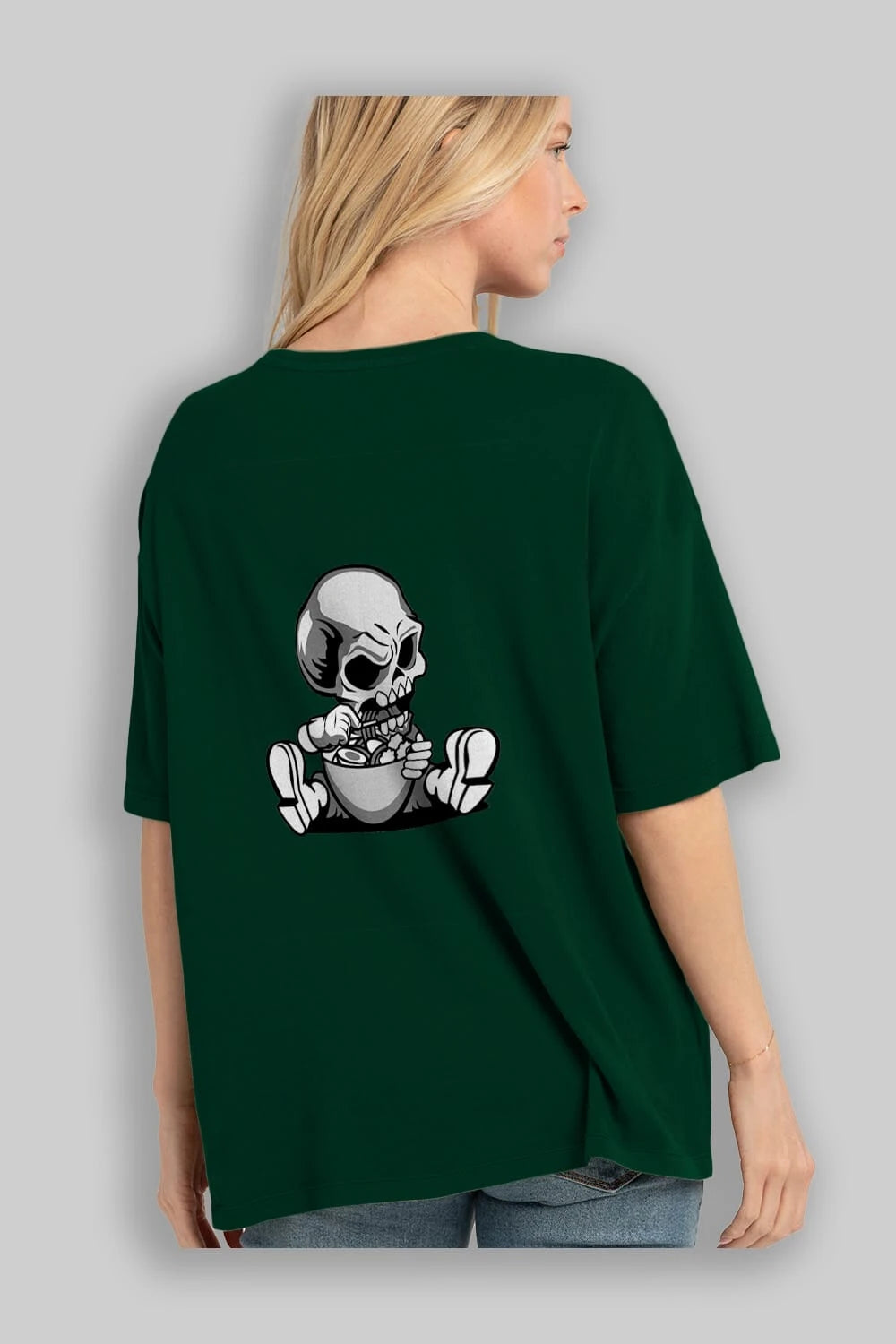 Skull Eat Ramen Arka Baskılı Oversize t-shirt Erkek Kadın Unisex %100 Pamuk tişort