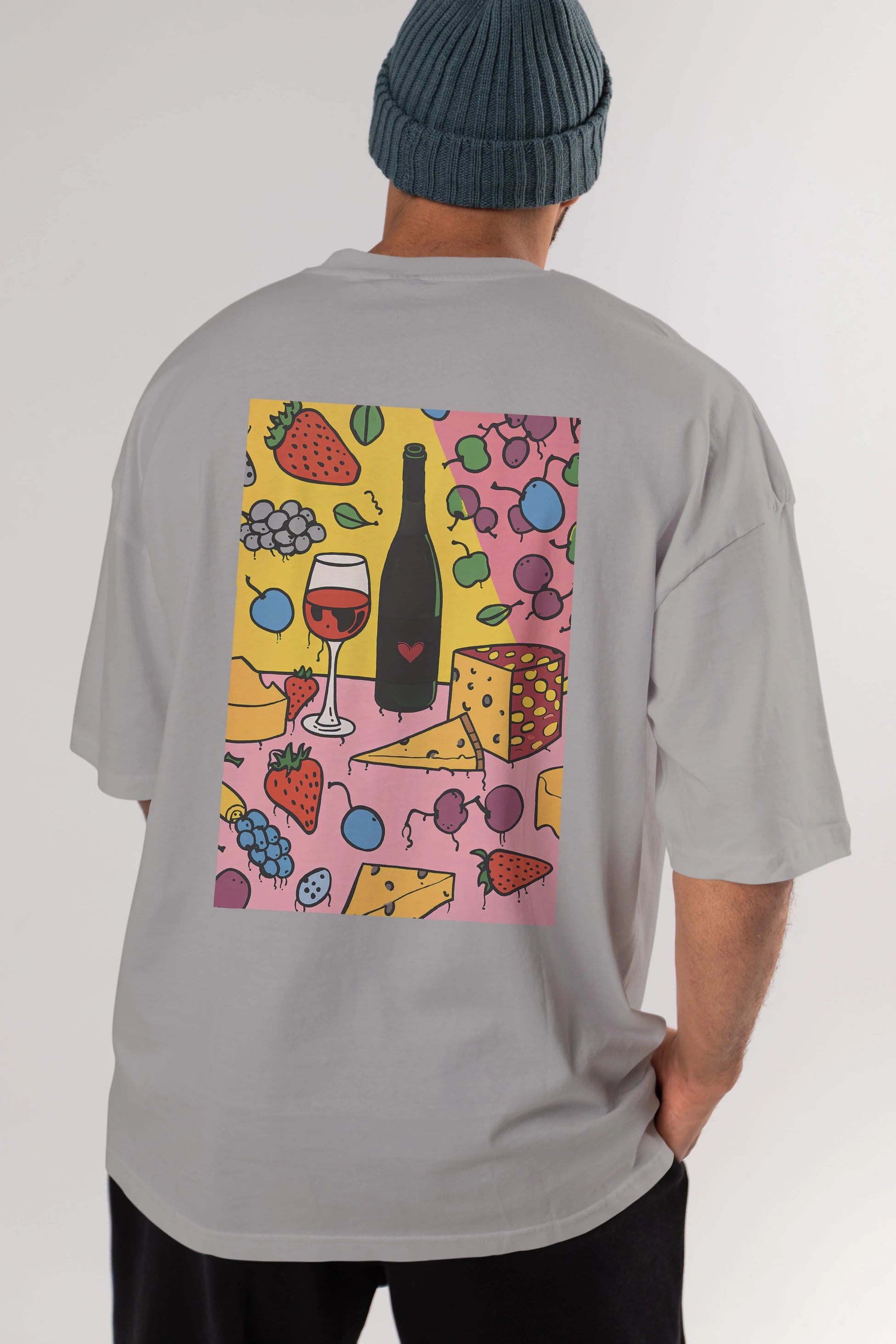 Wine Cheese Fruits Arka Baskılı Oversize t-shirt Erkek Kadın Unisex %100 Pamuk Bisiklet Yaka tişort