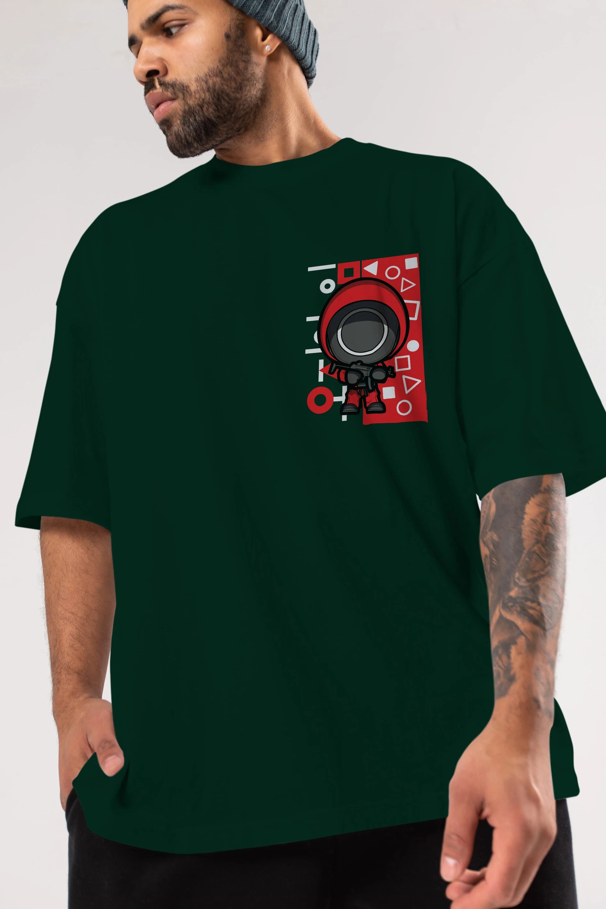 Squid Game (4) Ön Sol Baskılı Oversize t-shirt Erkek Kadın Unisex %100 Pamuk Bisiklet Yaka tişort