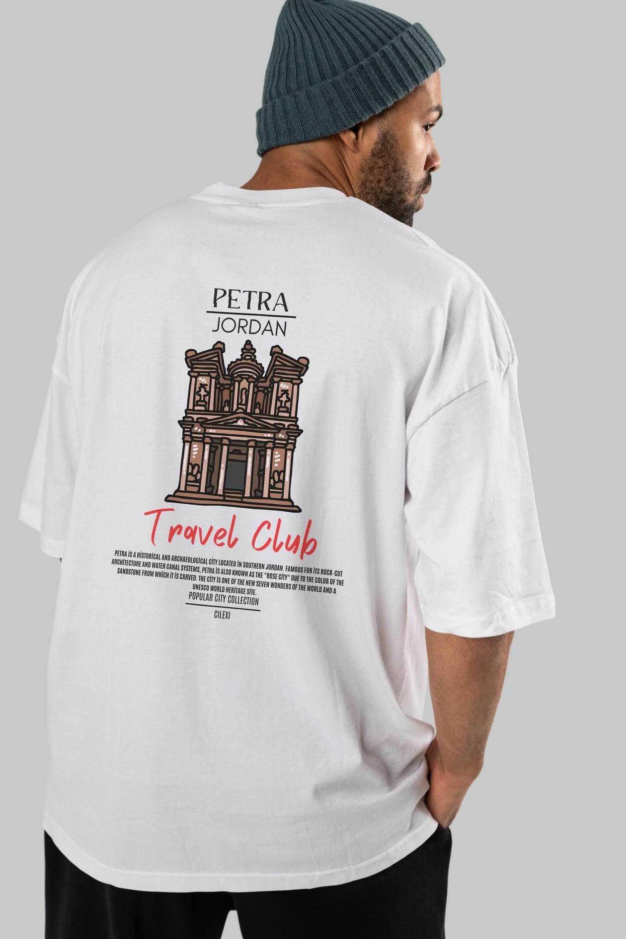 Petra Jordan Arka Baskılı Oversize t-shirt Erkek Kadın Pamuk Bisiklet Yaka tişort