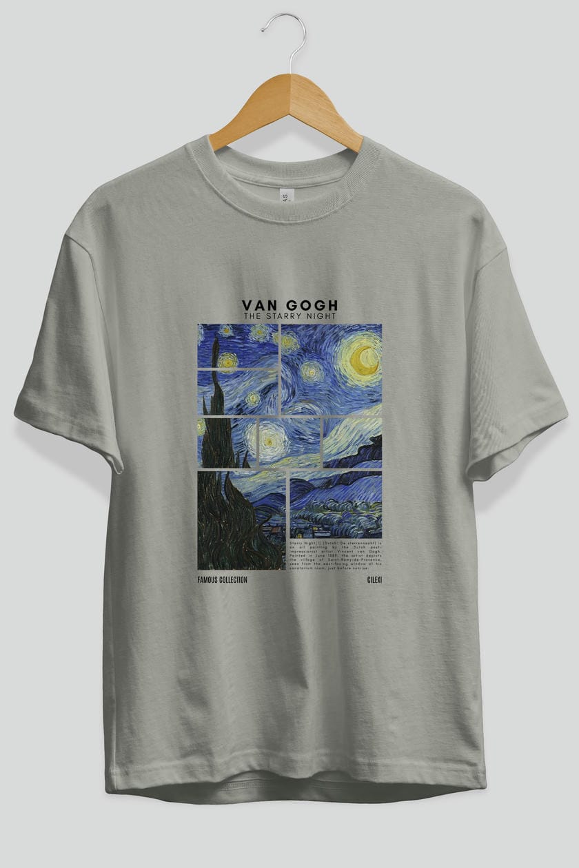 Van Gogh The Starry Night ön Baskılı Oversize t-shirt Erkek Kadın Bisiklet Yaka Pamuk tişort