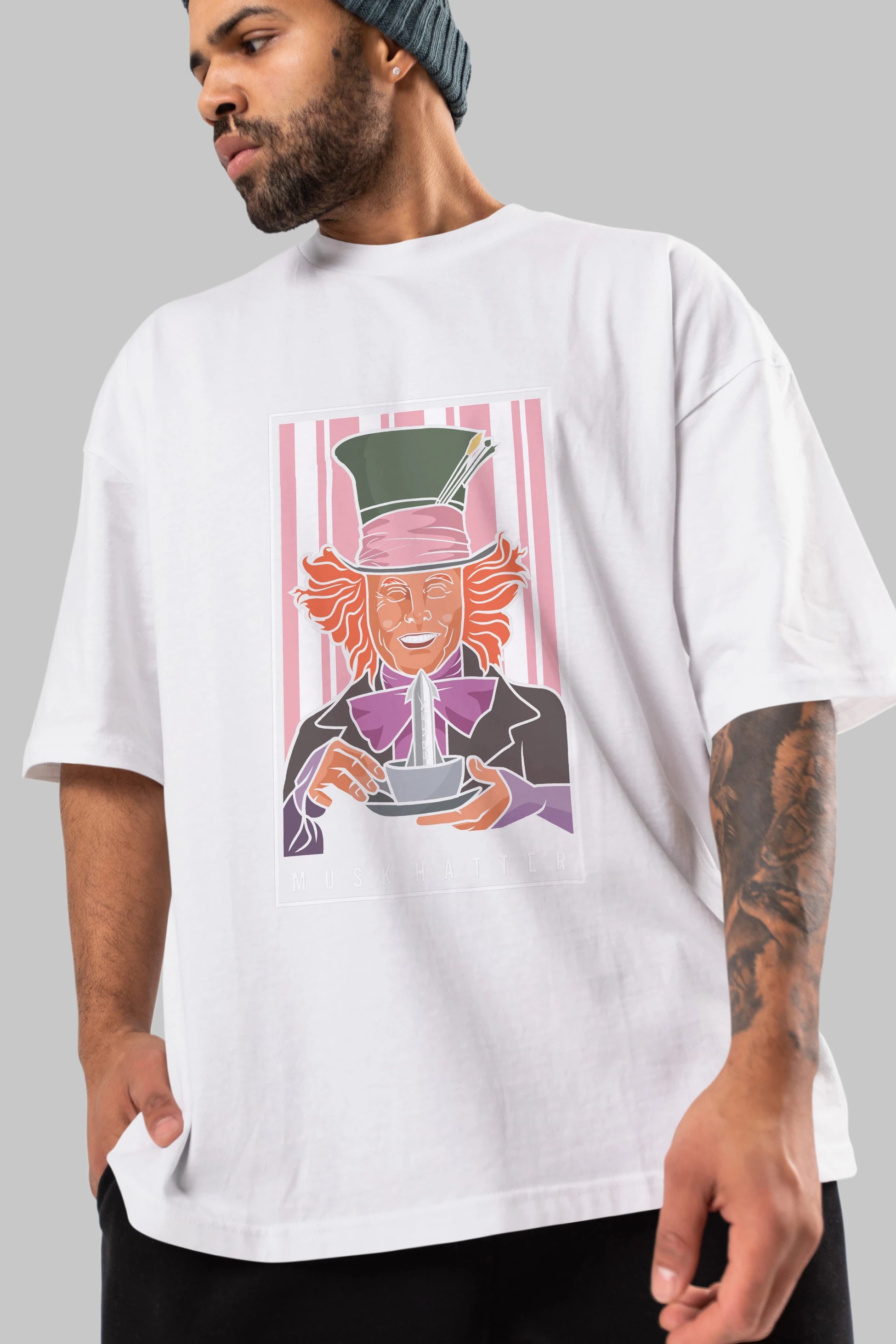 Mad Hatter Elon Musk Ön Baskılı Oversize t-shirt Erkek Kadın Unisex %100 Pamuk tişort