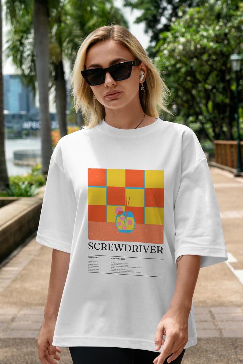 Screwdriver Kokteyl Ön Baskılı Oversize t-shirt Erkek Kadın %100 Pamuk Bisiklet Yaka tişort