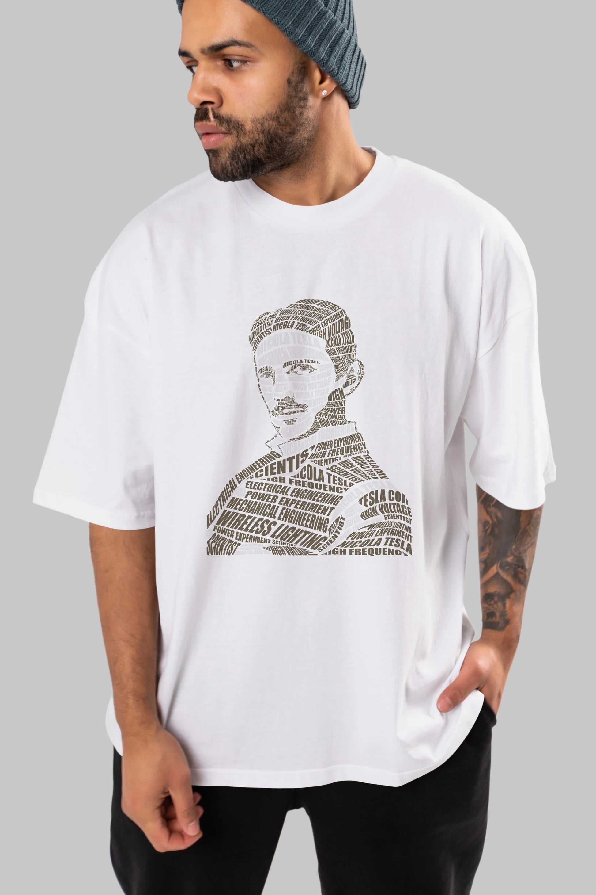Nikola Tesla Calligram Ön Baskılı Oversize t-shirt %100 pamuk Erkek Kadın Unisex