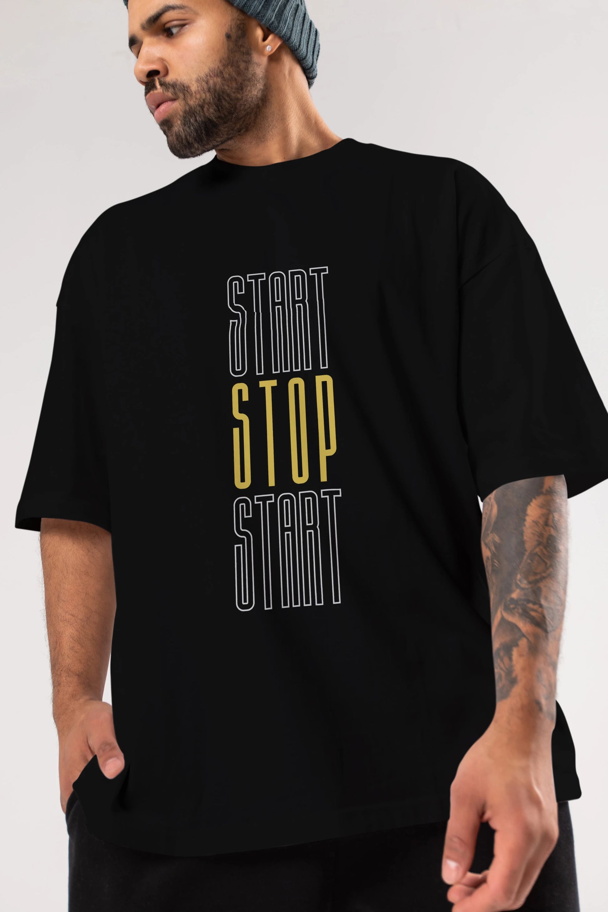 Start Stop Start Yazılı Ön Baskılı Oversize t-shirt Erkek Kadın Unisex