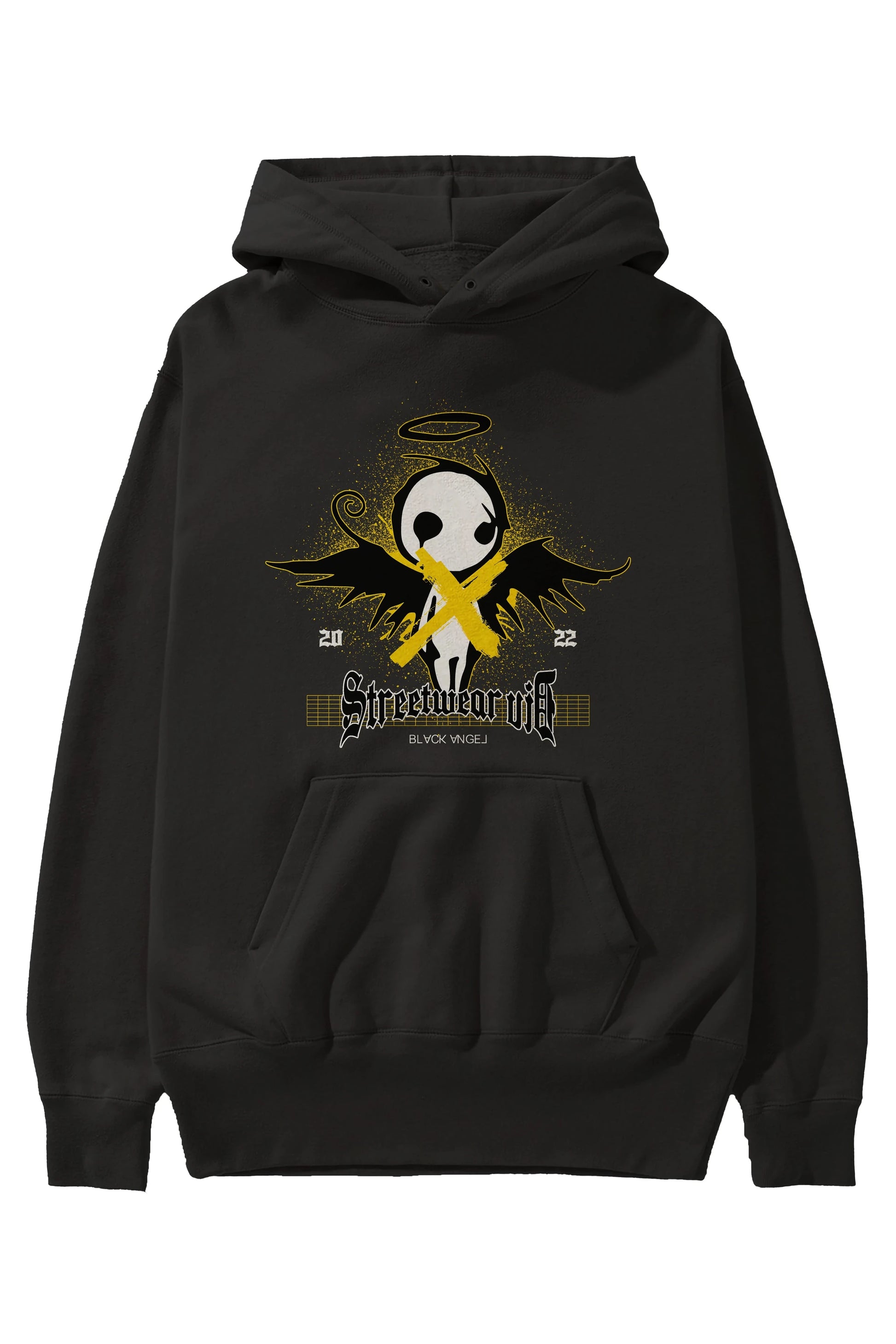 Black Angel Ön Baskılı Hoodie Oversize Kapüşonlu Sweatshirt Erkek Kadın Unisex