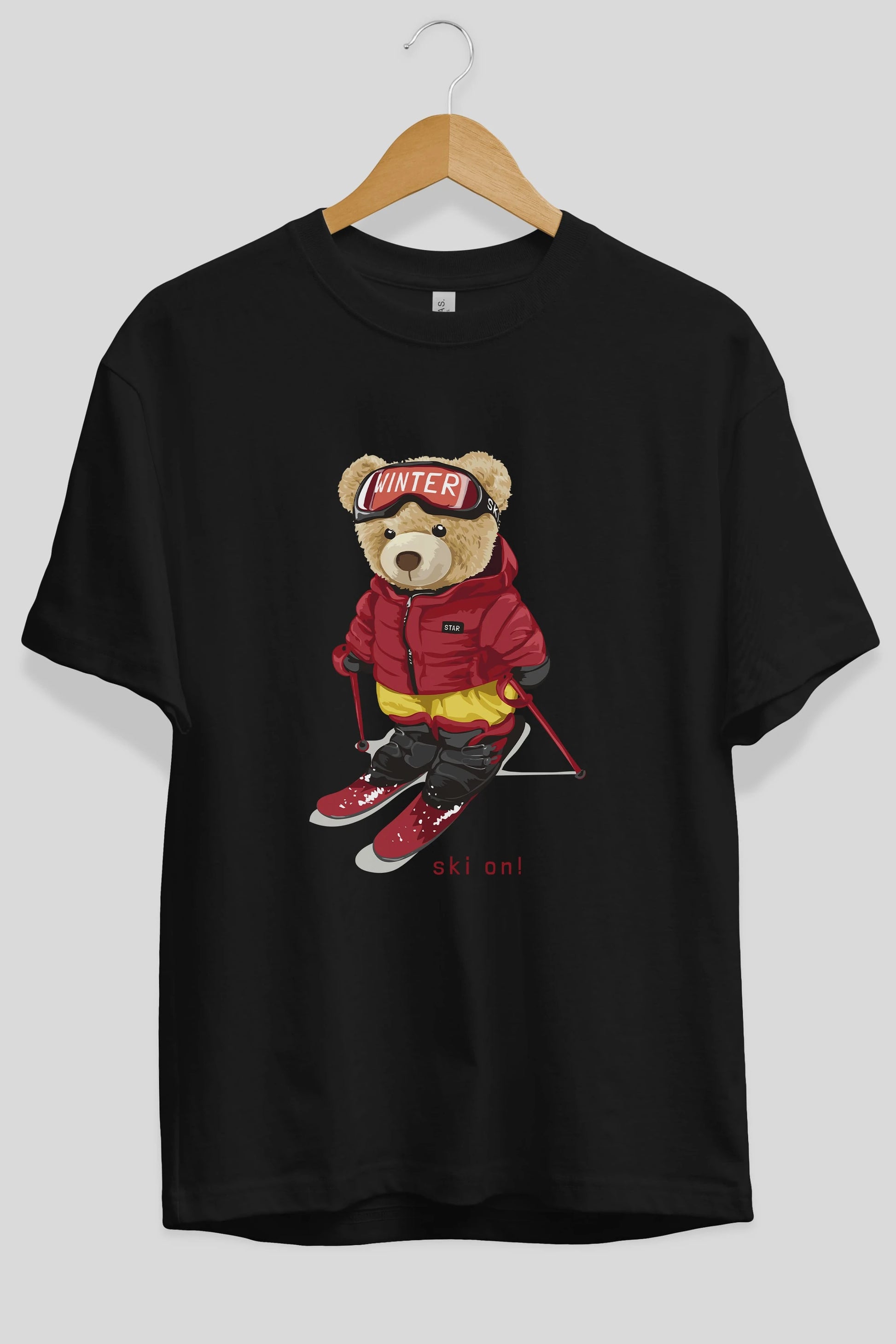 Teddy Bear Ski On Ön Baskılı Oversize t-shirt Erkek Kadın Unisex %100 Pamuk