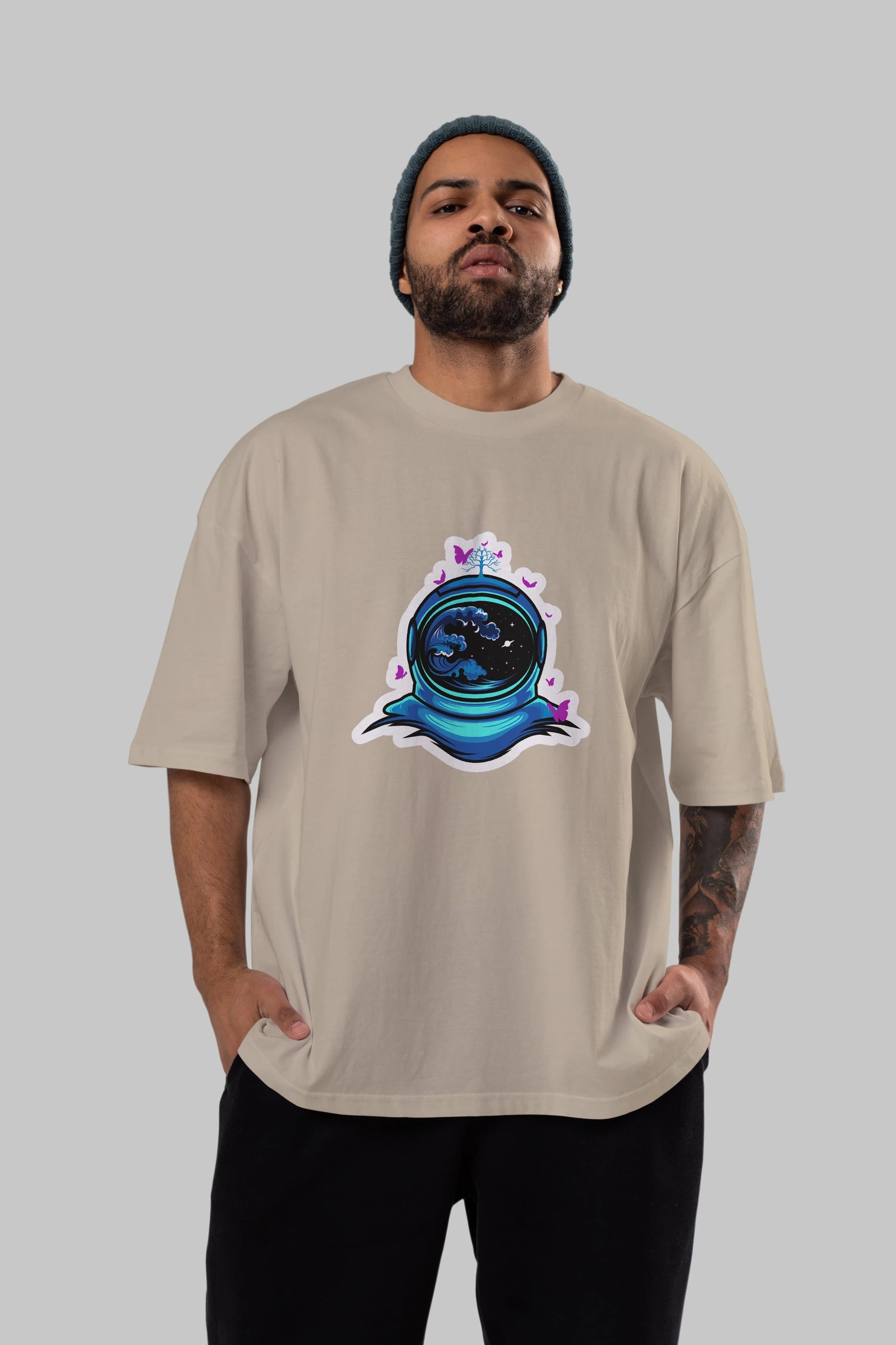 Astronaut and Butterfly Sticker Ön Baskılı Oversize t-shirt Erkek Kadın Unisex