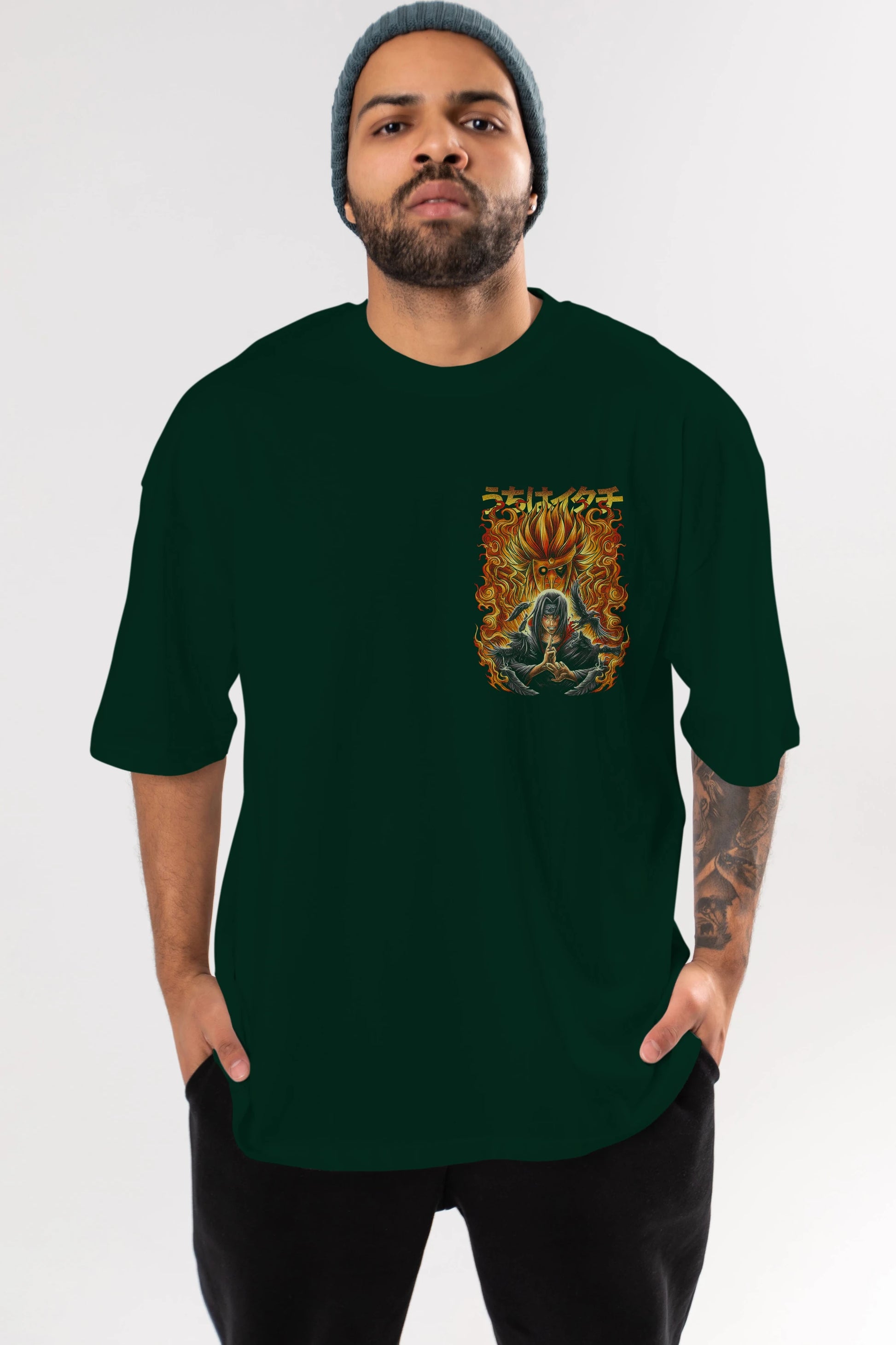 NARUTO ITACHI UCHIHA Ön Sol Baskılı Oversize t-shirt Erkek Kadın Unisex %100 Pamuk Bisiklet Yaka tişort
