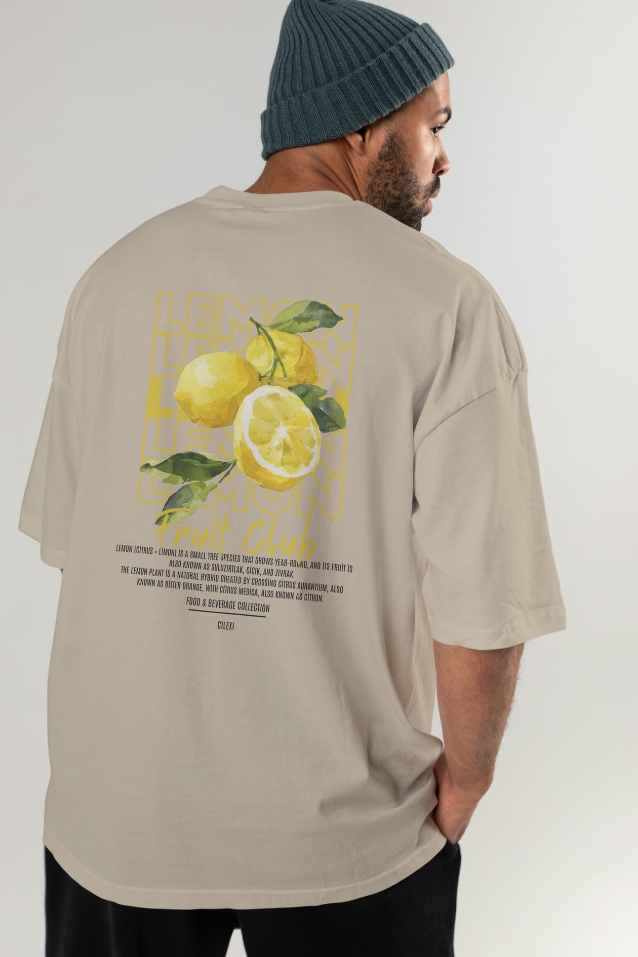 Lemon Arka Baskılı Oversize t-shirt Erkek Kadın Pamuk Bisiklet Yaka tişort