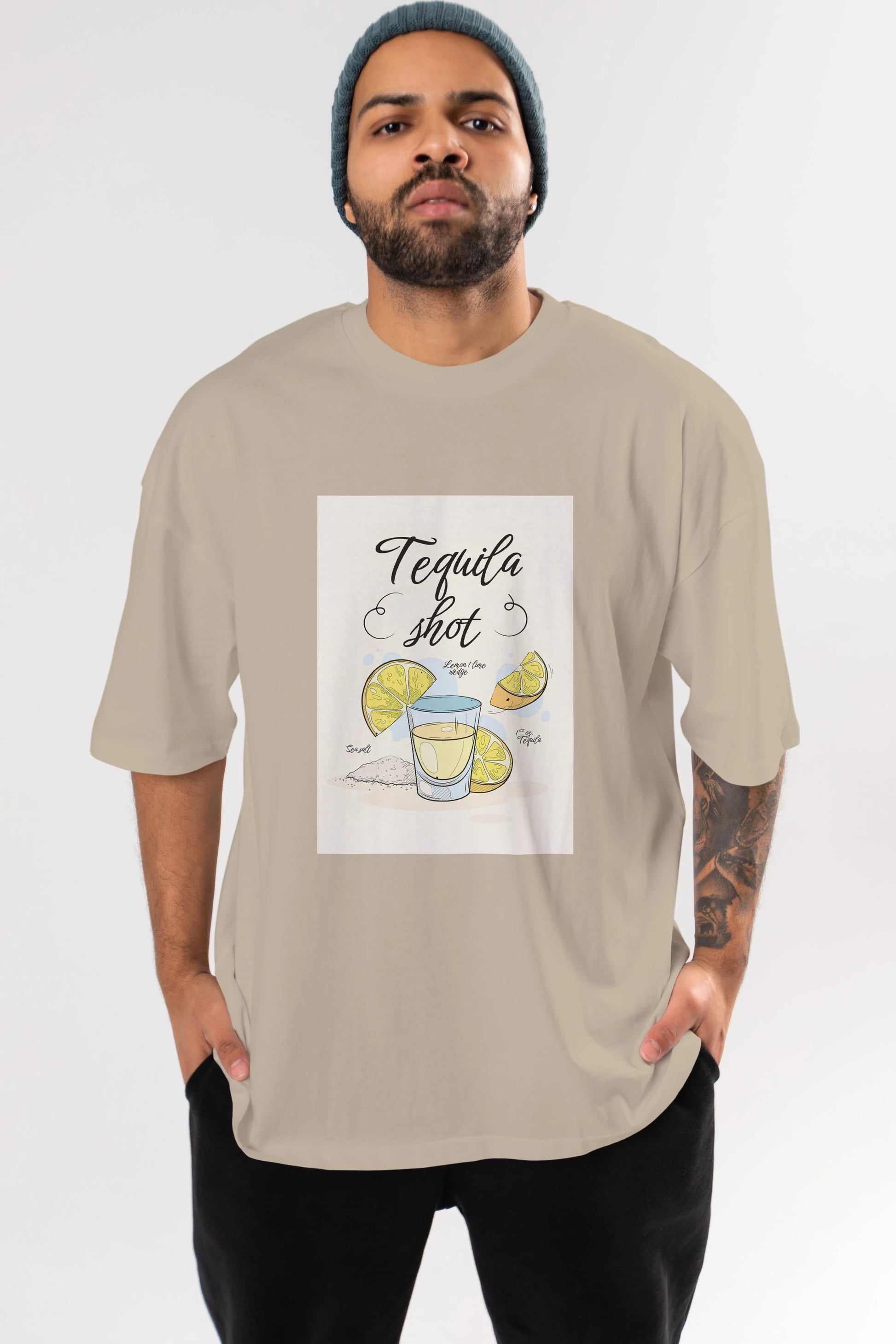 Tequila Shot Ön Baskılı Oversize t-shirt Erkek Kadın Unisex %100 Pamuk Bisiklet Yaka tişort