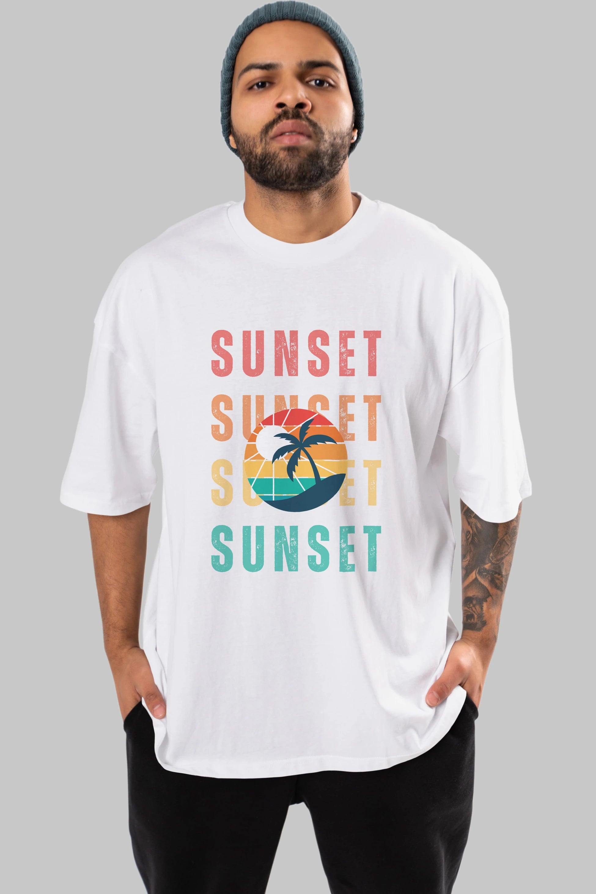 Sunset Yazılı Ön Baskılı Oversize t-shirt Erkek Kadın Unisex