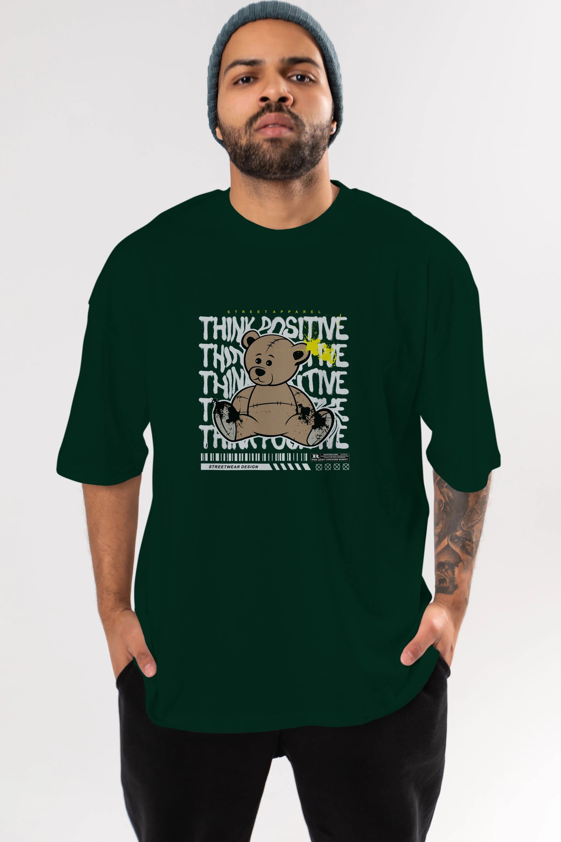 Teddy Bear Think Positive Ön Baskılı Oversize t-shirt Erkek Kadın Unisex