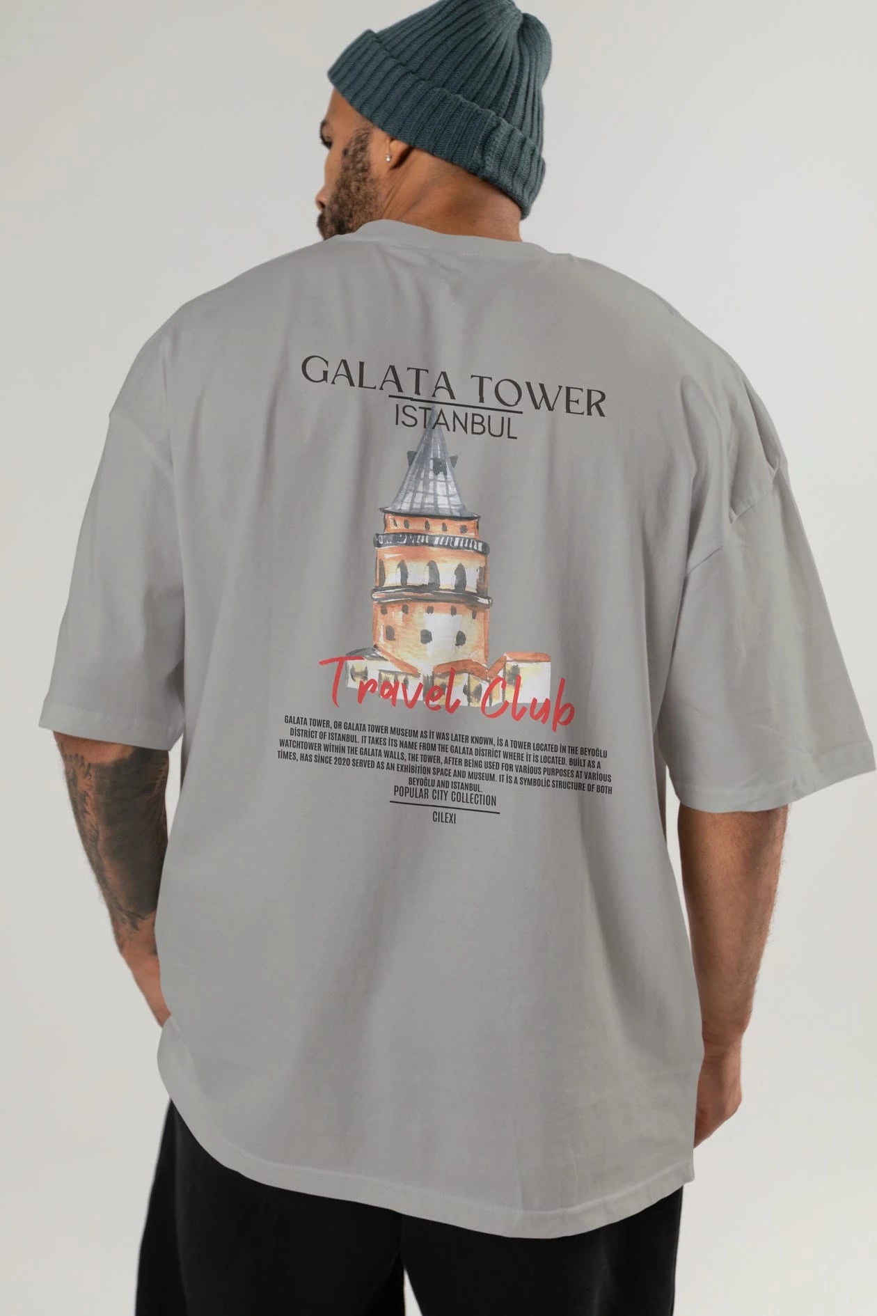 Galata Tower İstanbul Arka Baskılı Oversize t-shirt Erkek Kadın Pamuk Bisiklet Yaka tişort