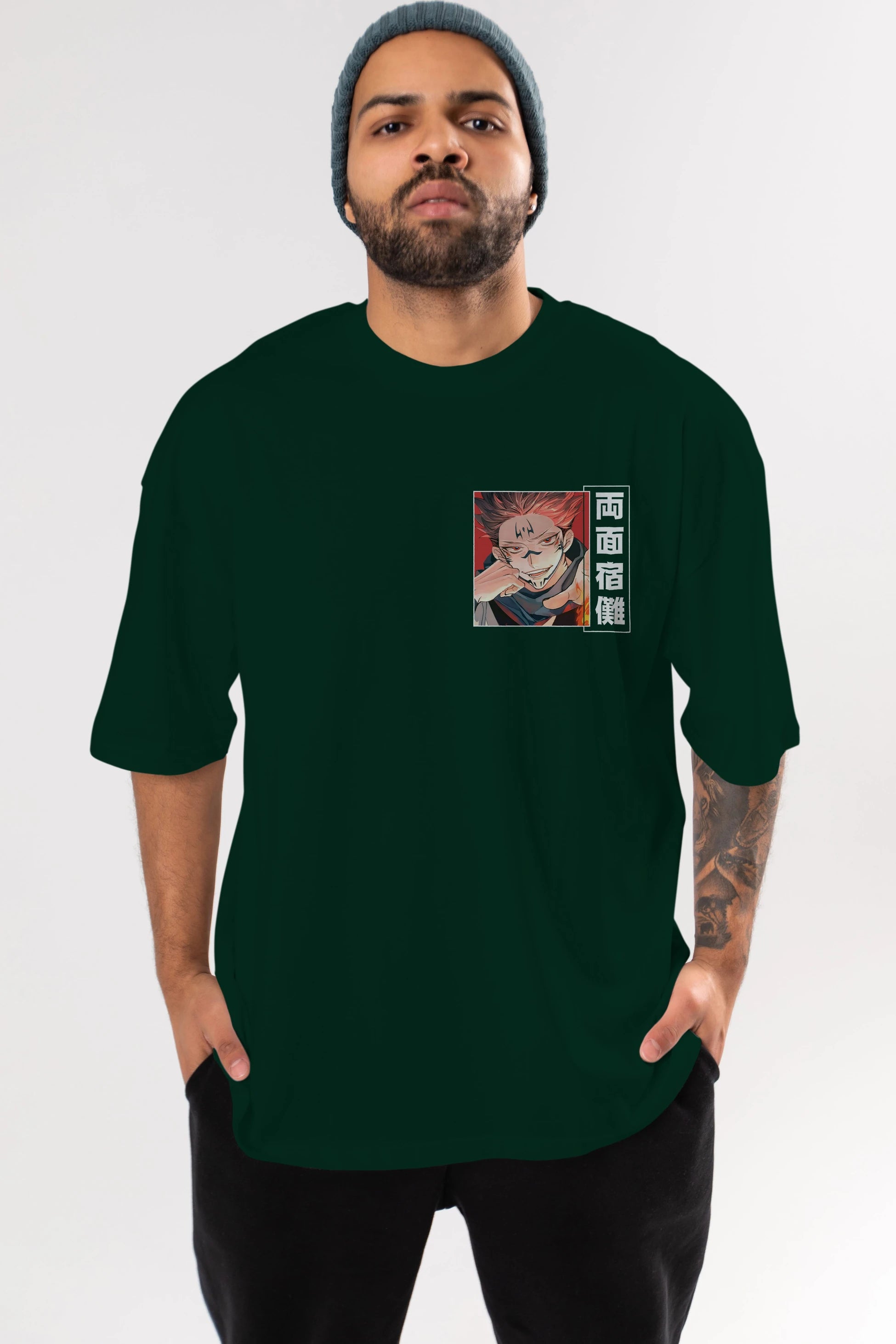 Sukuna Ryoumen 4 Ön Sol Baskılı Oversize t-shirt Erkek Kadın Unisex %100 Pamuk Bisiklet Yaka tişort