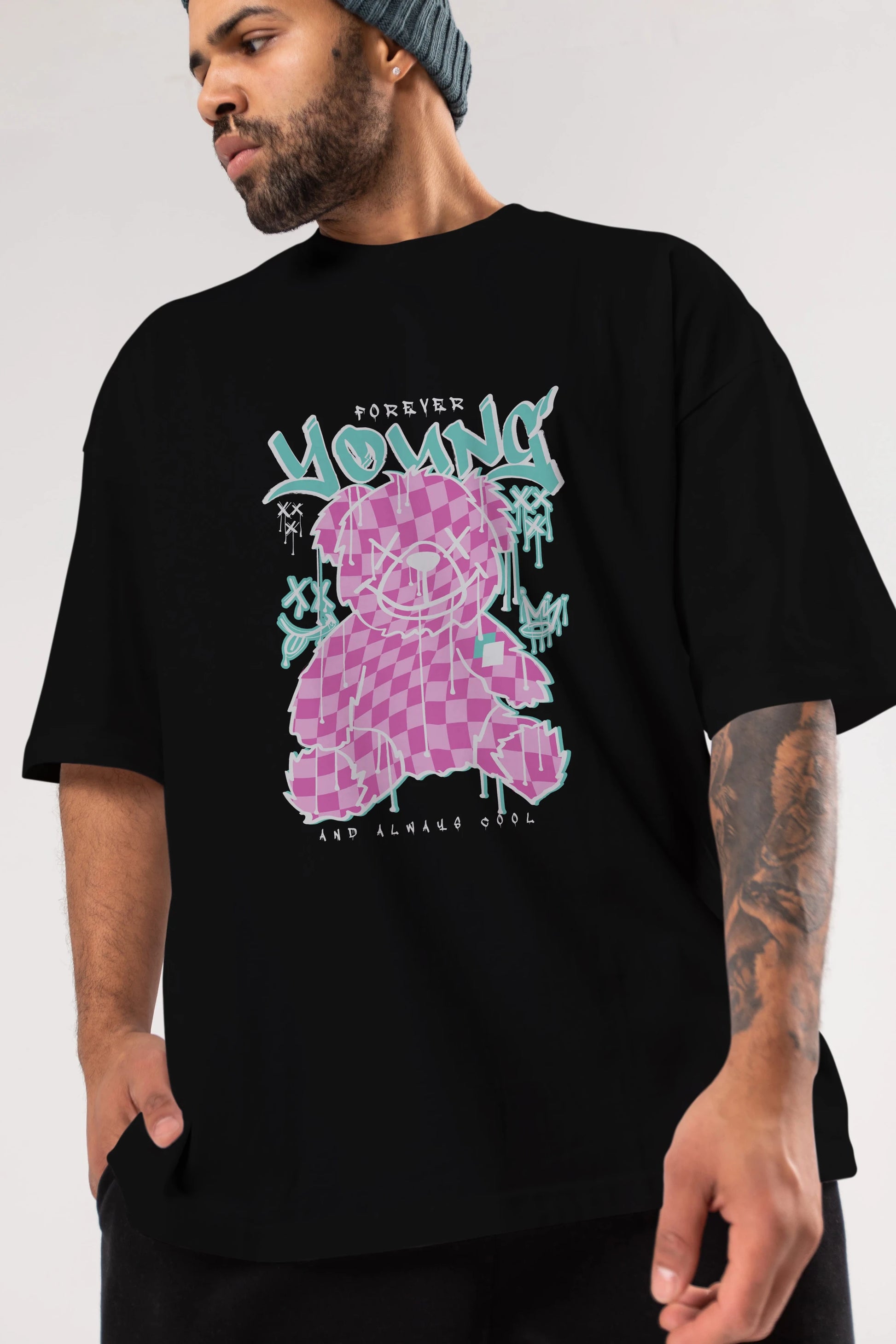 Young and Always Cool Bear Ön Baskılı Oversize t-shirt Erkek Kadın Unisex