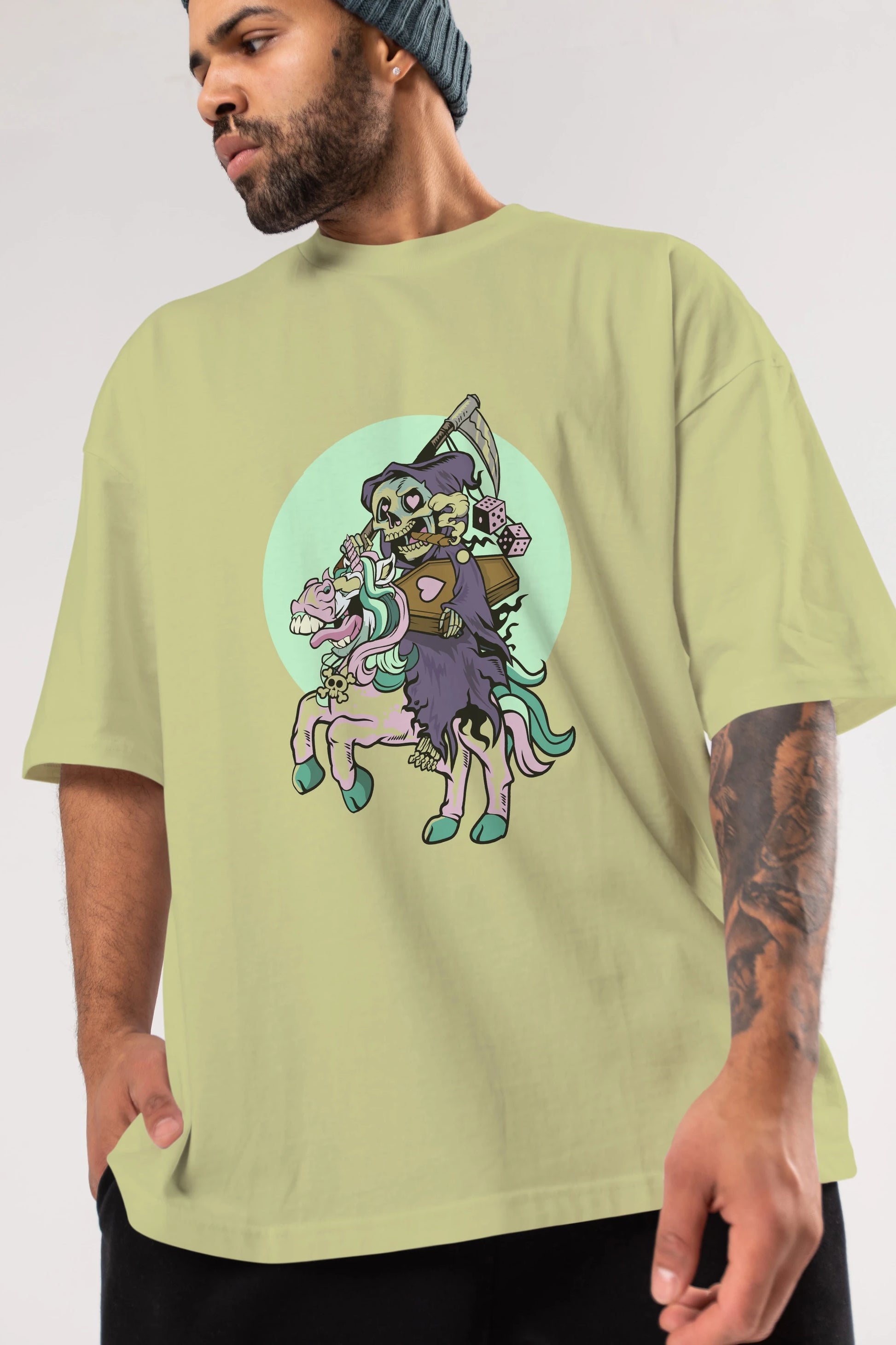 Grim Reaper Riding Unicorn Ön Baskılı Oversize t-shirt Erkek Kadın Unisex %100 Pamuk tişort