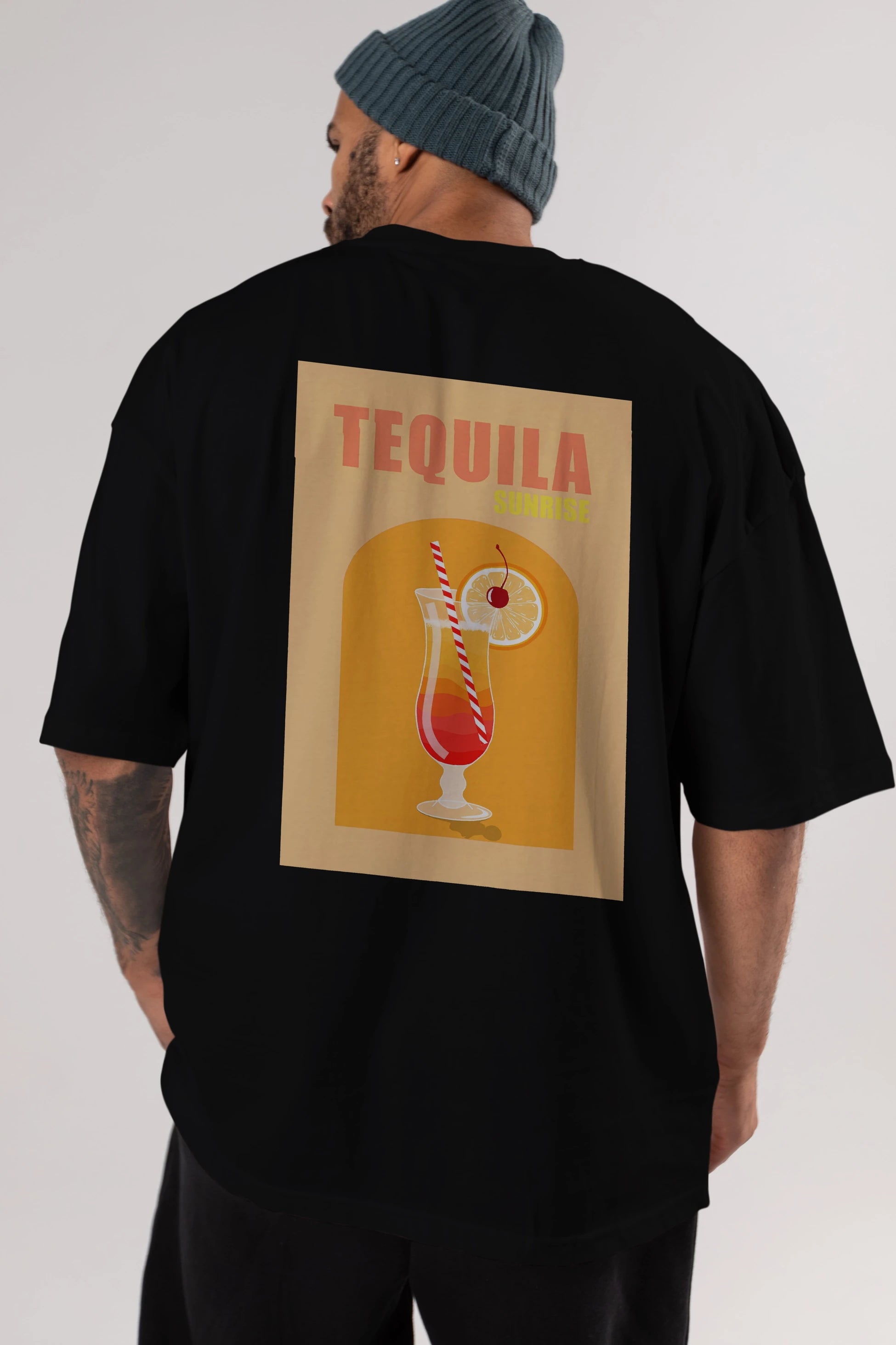 Tequila Sunrise Arka Baskılı Oversize t-shirt Erkek Kadın Unisex %100 Pamuk Bisiklet Yaka tişort