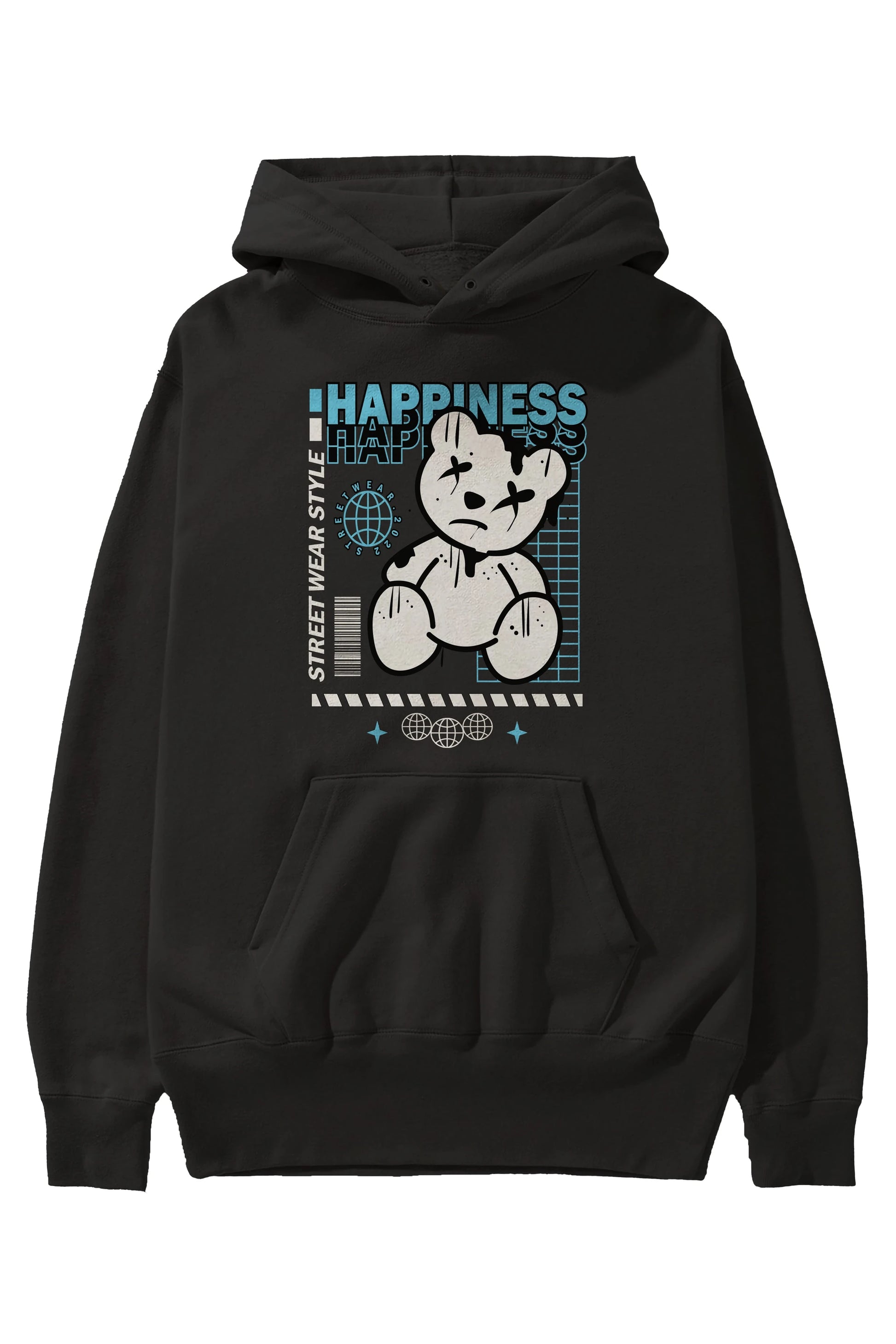 Happiness Bear 2 Ön Baskılı Hoodie Oversize Kapüşonlu Sweatshirt Erkek Kadın Unisex