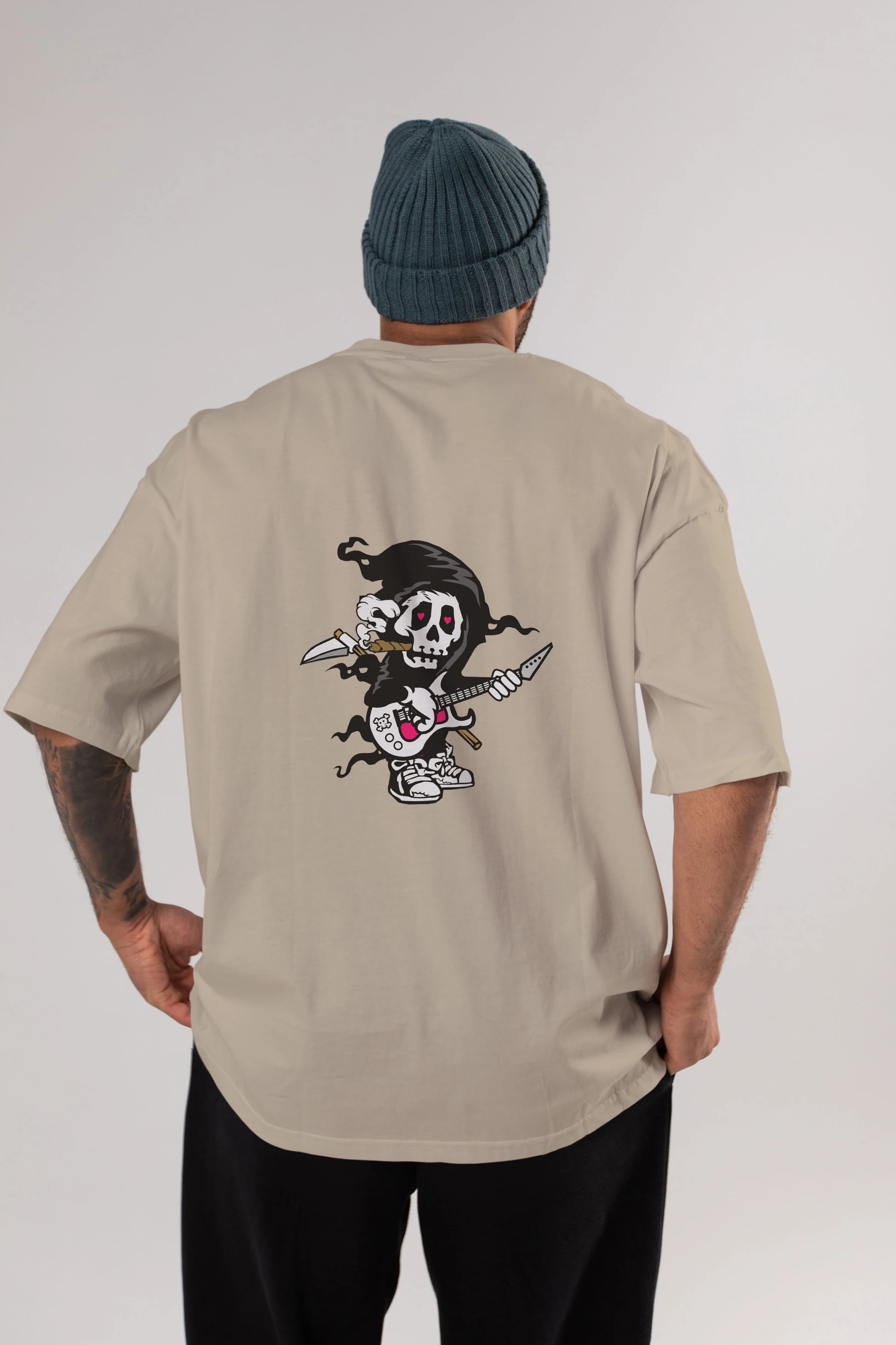 Grim Rockstar Arka Baskılı Oversize t-shirt Erkek Kadın Unisex %100 Pamuk tişort